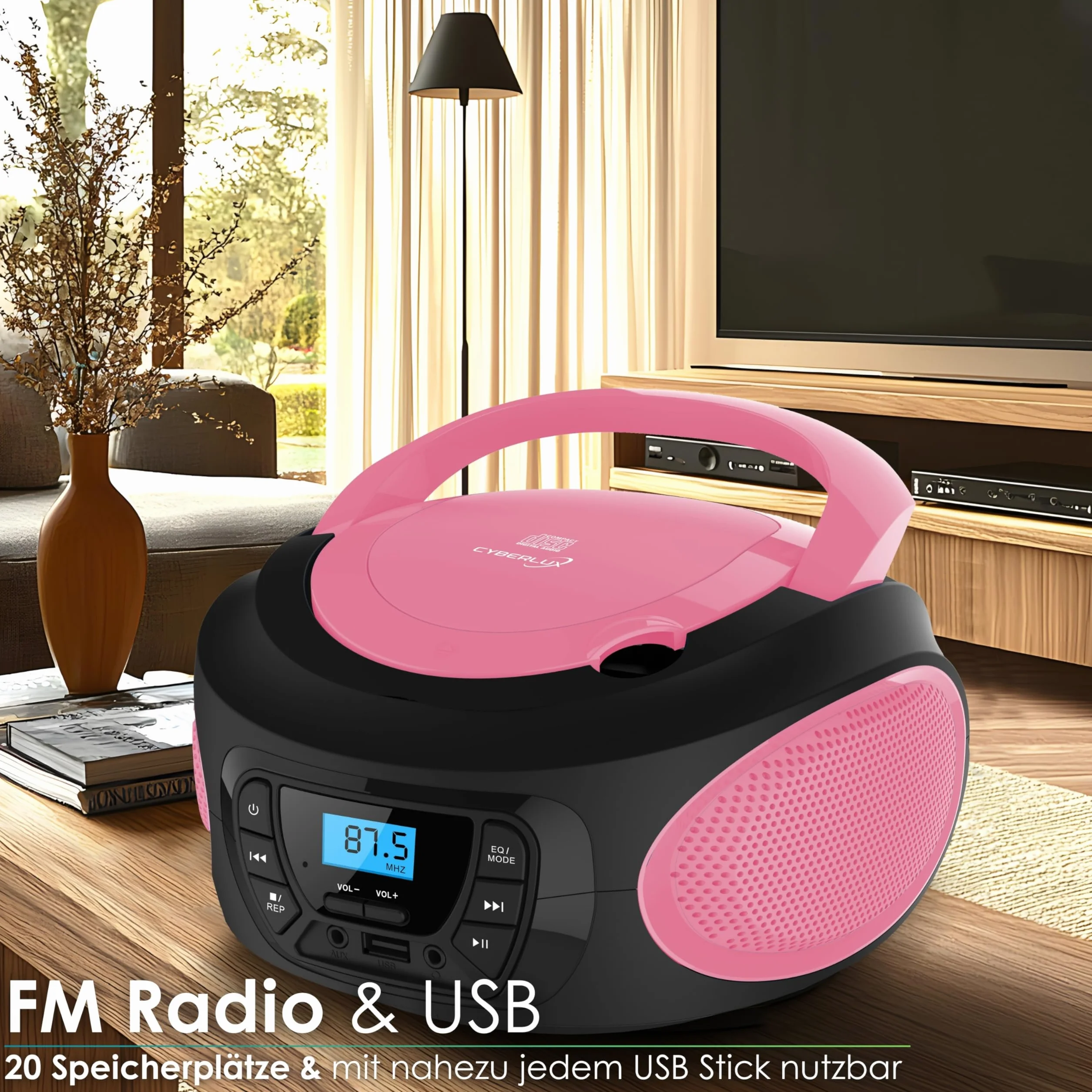 Cyberlux Tragbarer CD-Player, CD/CD-R, USB, UKW-Radio, AUX-In, Kopfhöreranschluss, Kinderradio, Boombox, CD-Radio, Stereo, Kompaktanlage, hübsches Rosa
