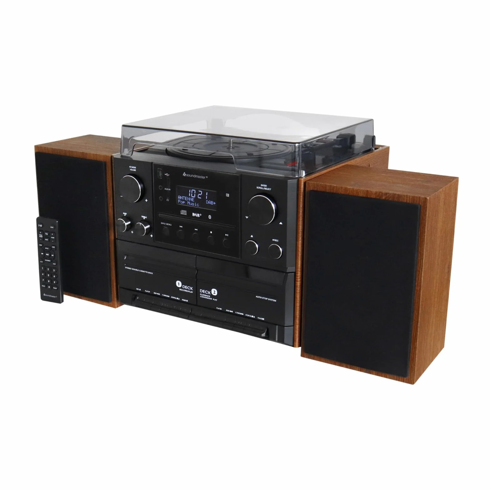 Soundmaster MCD5600 Stereoanlage mit Plattenspieler DAB+ Doppelkassette CD-Player USB MP3 Bluetooth Encoding Digitalisierung 75 Ohm Antennenanschluss, Farbe:braun
