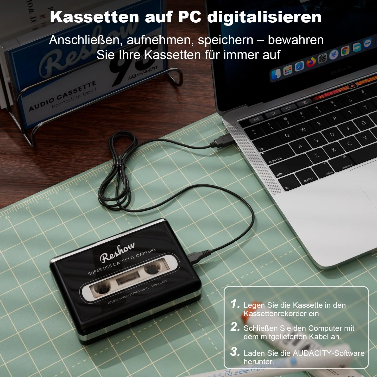 Reshow tragbarer Kassettenspieler, Bandkassetten über USB in MP3 umwandeln & MP3-Musik aufnehmen – Schwarz