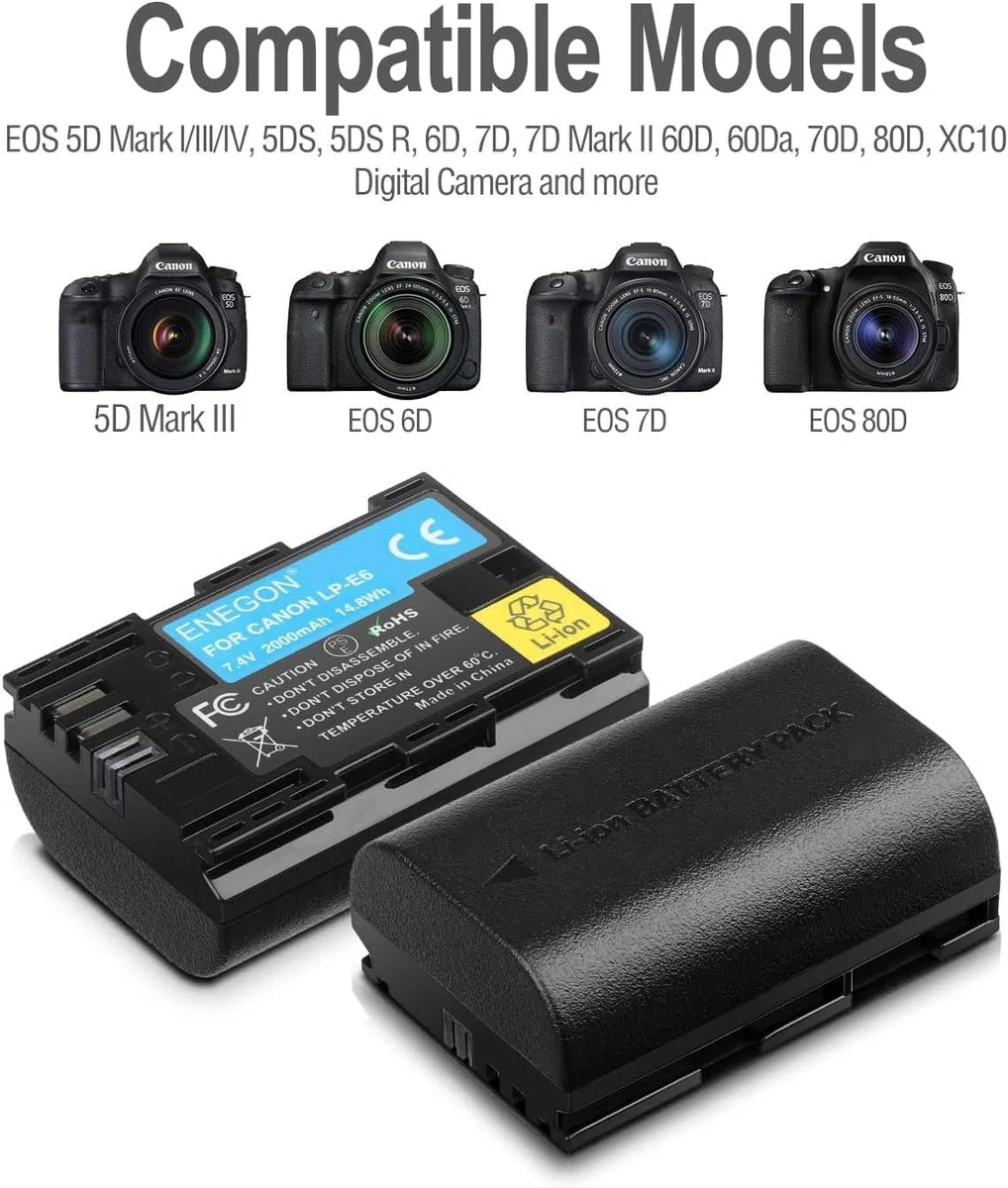 ENEGON LP-E6 Ersatzakku (2 Stück) und Smart LED Dual USB Ladegerät für Canon LP-E6, LP-E6N und Canon EOS 5D Mark II/III/IV, 5DS, 5DS R, 6D, 7D, 7D Mark II, 60D, 70D, 80D und mehr