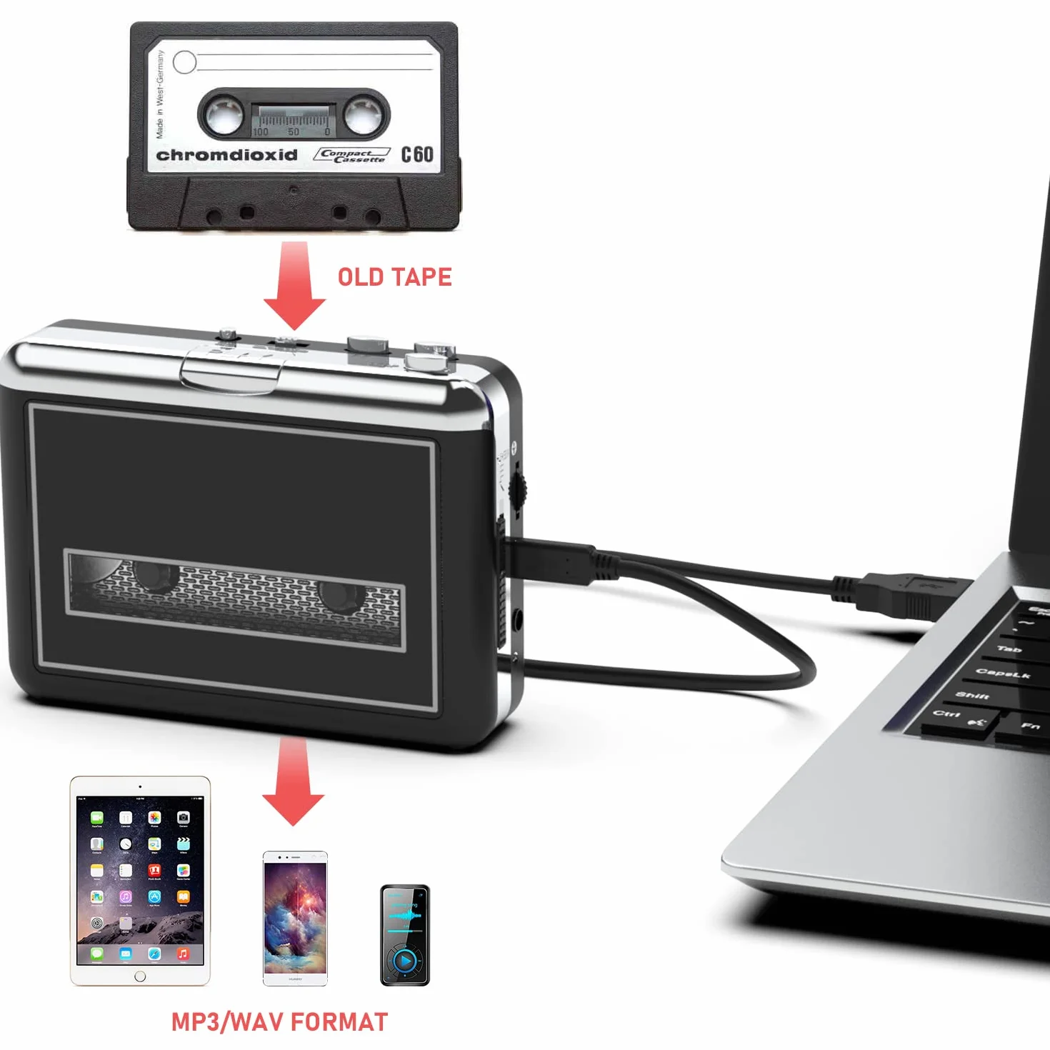 Retro Kassettenspieler, Tragbarer Kassetten Digitalisieren, nimmt Kassetten-Audio über USB auf – Kompatibel mit Laptops und PCs