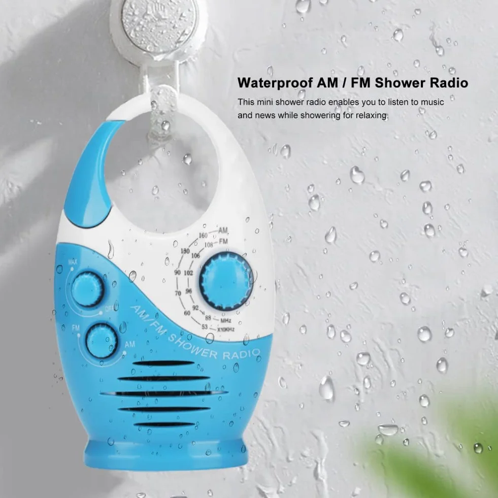 Yunseity Wasserdichtes Duschradio, Tragbares AM-FM-Radio mit Hakendesign, Batteriebetriebenes Radio, Eingebauter Lautsprecher, für Badezimmer, Küche, Außenbereich