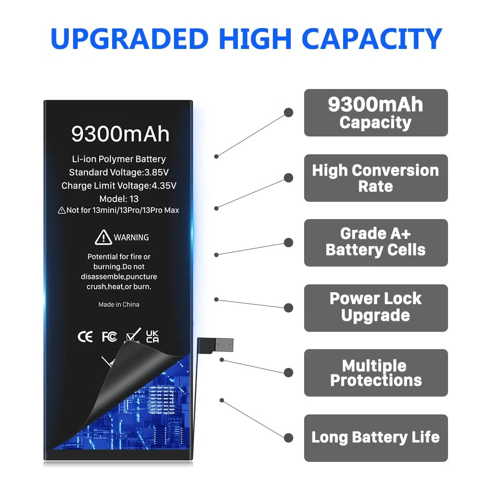 Akku für iPhone 13, 9300mAh hohe Kapazität 2026 Neue 0 Zyklus Batterie-Ersatz für Modell A2633 A2482 A2635 A2631 A2634 mit Reparatur Werkzeug Kits
