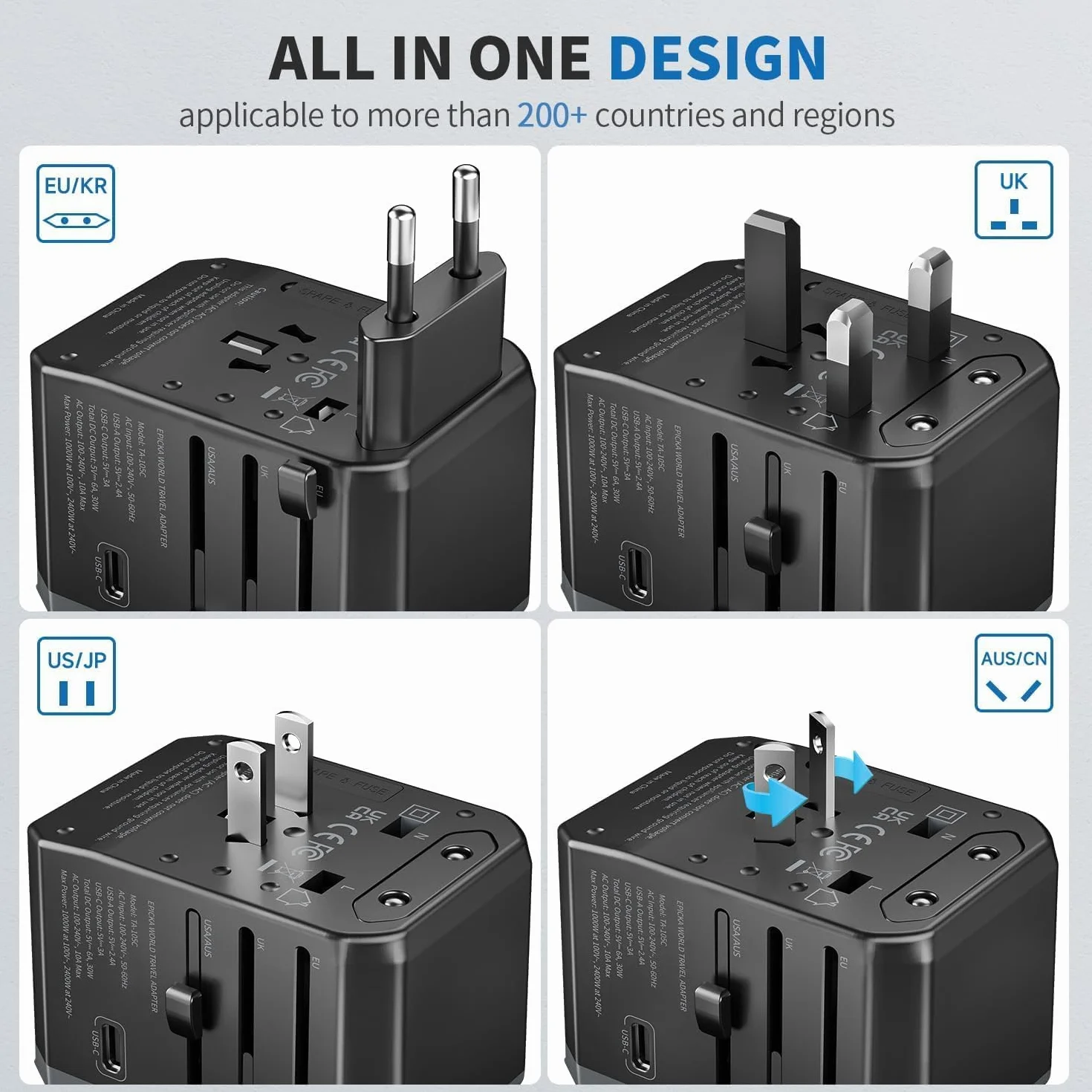 EPICKA Reiseadapter Weltweit, Universal Reisestecker Adapter 30W, Internationaler Steckdosenadapter mit 3 USB-C, 2 USB-A, Travel Adapter für Deutschland US UK Japan Thailand Australien TA-105C Schwarz