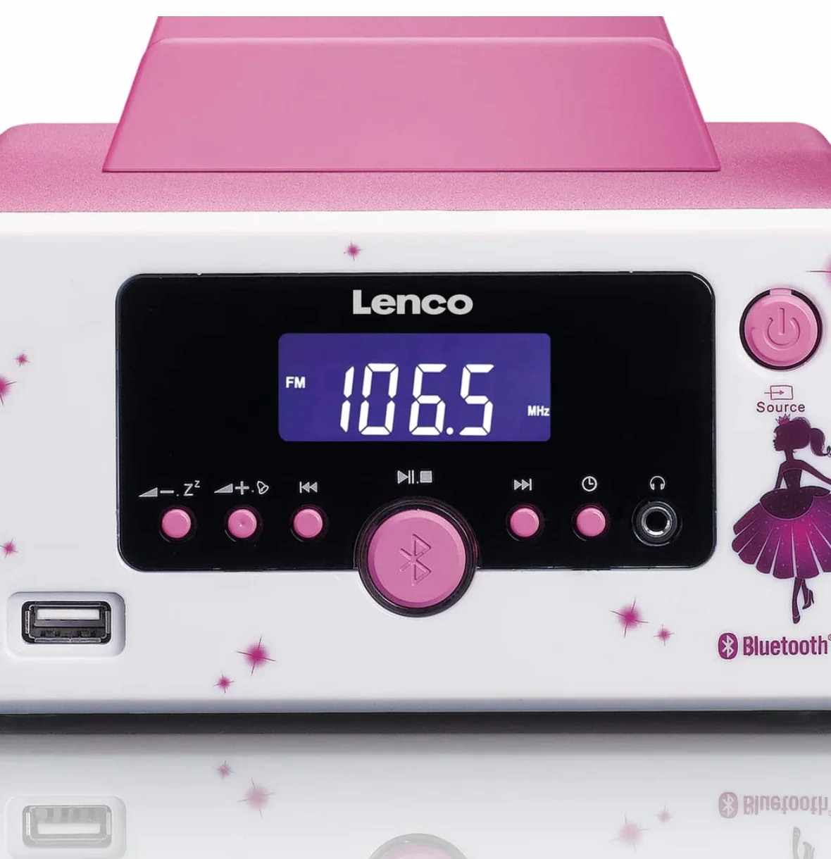 Lenco Stereoanlage MC-020 Kompaktanlage mit Bluetooth, USB und UKW-Radio (Weckfunktion, USB-Lader, Aux, Kopfhörerbuchse) 2 x 5 Watt (RMS), Princess