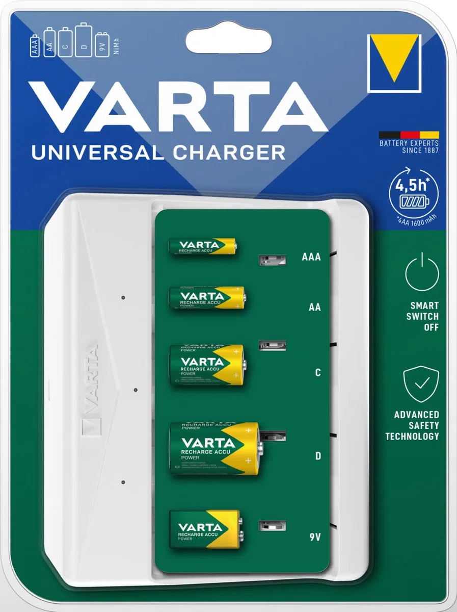 VARTA Akku Ladegerät, Batterieladegerät für wiederaufladbare Batterien, lädt 2 oder 4 AA, AAA, C, D oder 1x 9V gleichzeitig, Universal Charger, mit Sicherheitsabschaltung, unbestückt