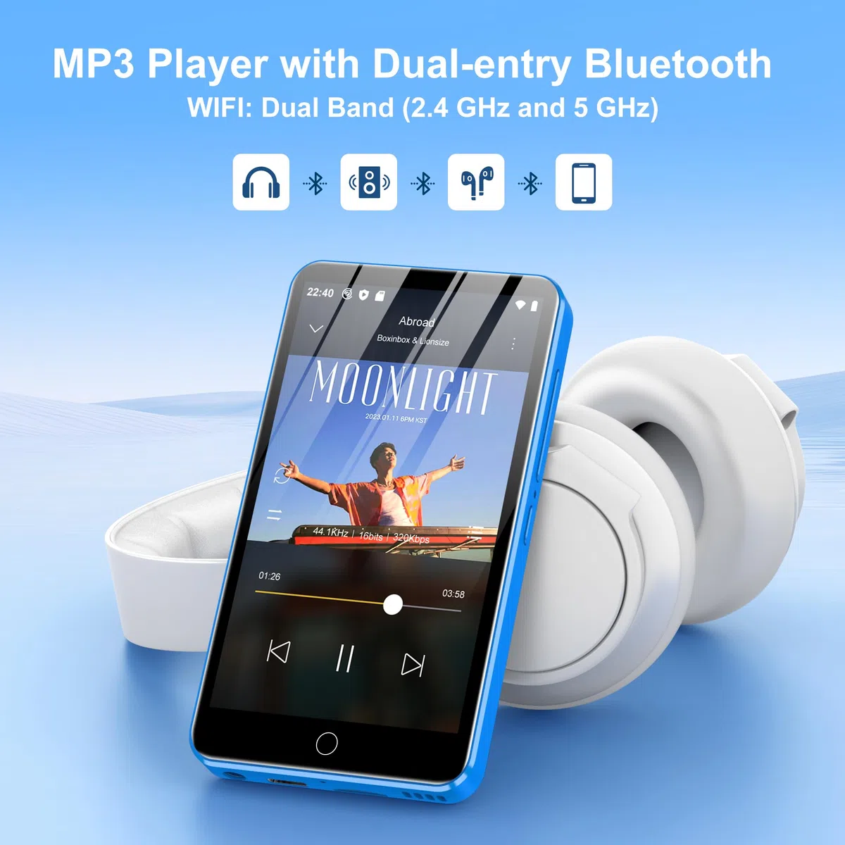 80GB MP3 Player mit Bluetooth und Wi-Fi, Android MP3-Player Spotify, Amazon Music, Audible, 4-Zoll-Touchscreen MP4 Player, Diofox Streaming Musikplayer mit Play Store, FM-Radio, Deezer - Blau