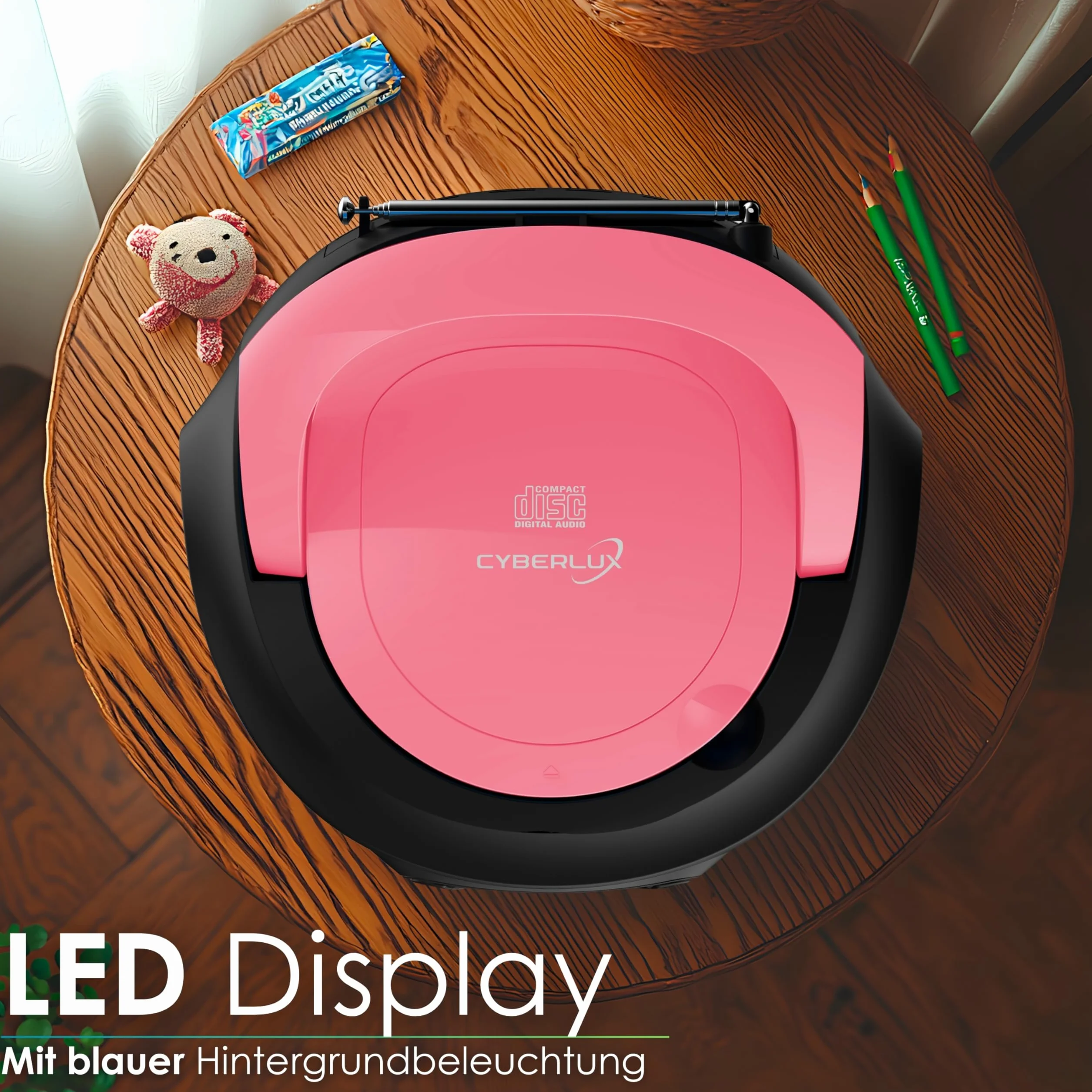 Cyberlux Tragbarer CD-Player, CD/CD-R, USB, UKW-Radio, AUX-In, Kopfhöreranschluss, Kinderradio, Boombox, CD-Radio, Stereo, Kompaktanlage, hübsches Rosa