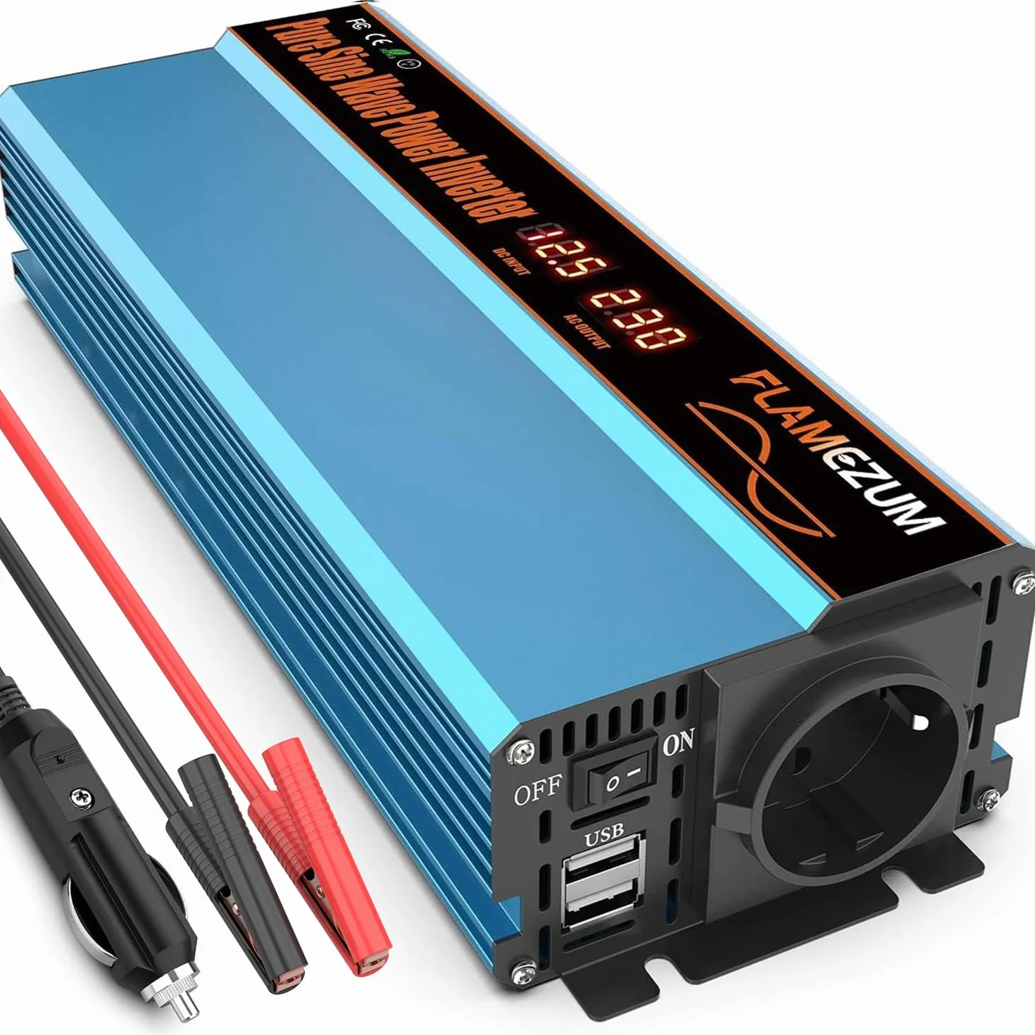 FLAMEZUM 1000W/2000W Wechselrichter 12V auf 230V Reiner Sinus Spannungswandler Pure Sine Wave Inverter mit 1 EU Steckdose und 2 USB-Ports (3.4A) für Auto, Wohnmobil, Camping