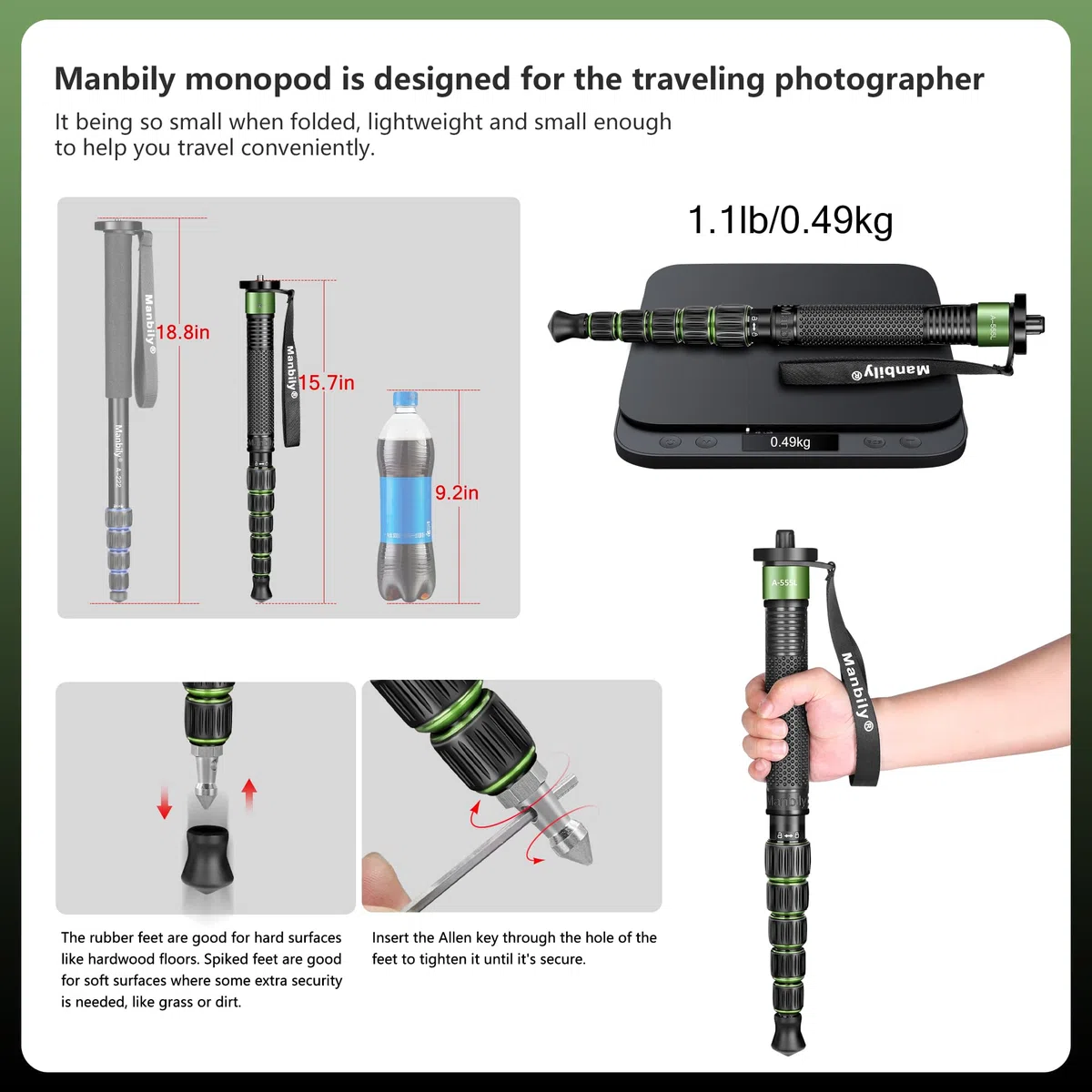 Manbily Einbeinstativ Kamera 168cm Wanderstöcke aus Aluminium Reise-Einbeinstativ Tragbar Kompakt Leicht mit Gehstockgriff, Tragetasche Belastbarkeit von 7KG für DSLR Kamera Videokamera (A-555L) Grün