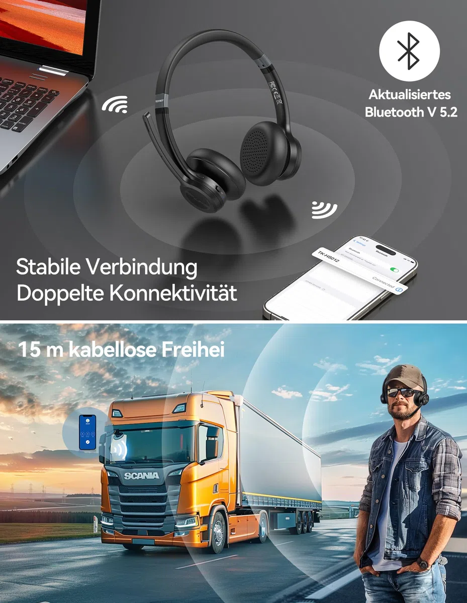 TECKNET V5.2 Bluetooth Headset mit Mikrofon, Wireless Headset mit Noise Cancelling und Stummschaltung Mikrofon, Wiederaufladbar On-Ear Kopfhörer kabellos für Trucker/Callcenter/Büro - 50+ Std. Akku
