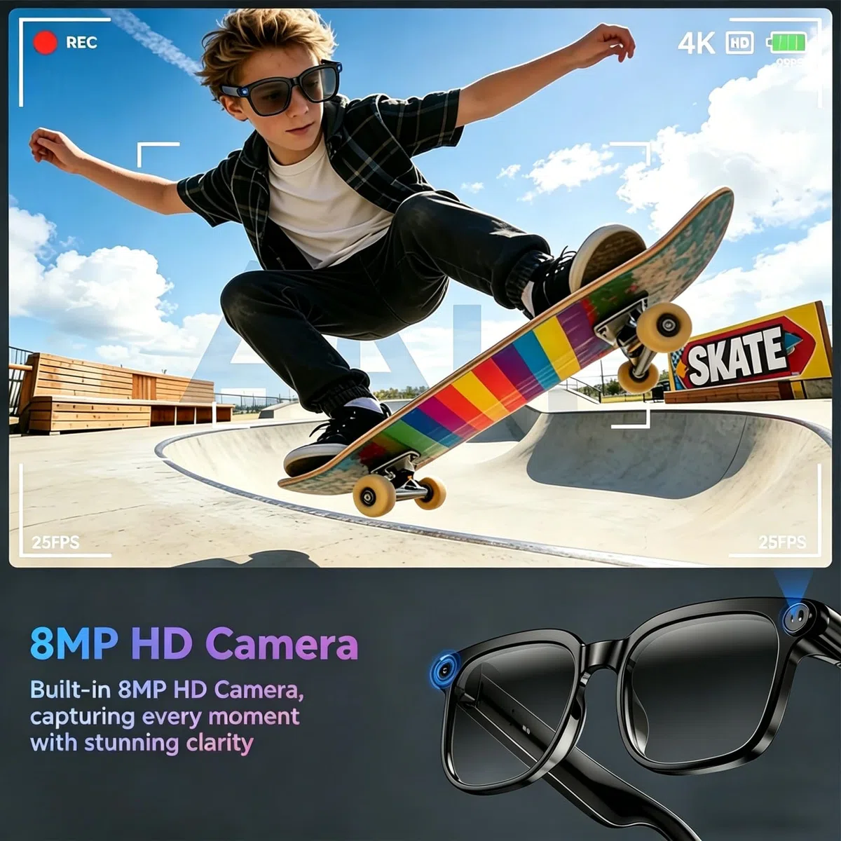Smart Brille mit Kamera und Bluetooth, 800W HD Kamera, Open-Ear Audio Videoaufnahme Übersetzung KI-Brille mit elastischem Rahmen für Männer & Frauen, 300mAh Akku für Reisen, Laufen, Vlog, Meetings