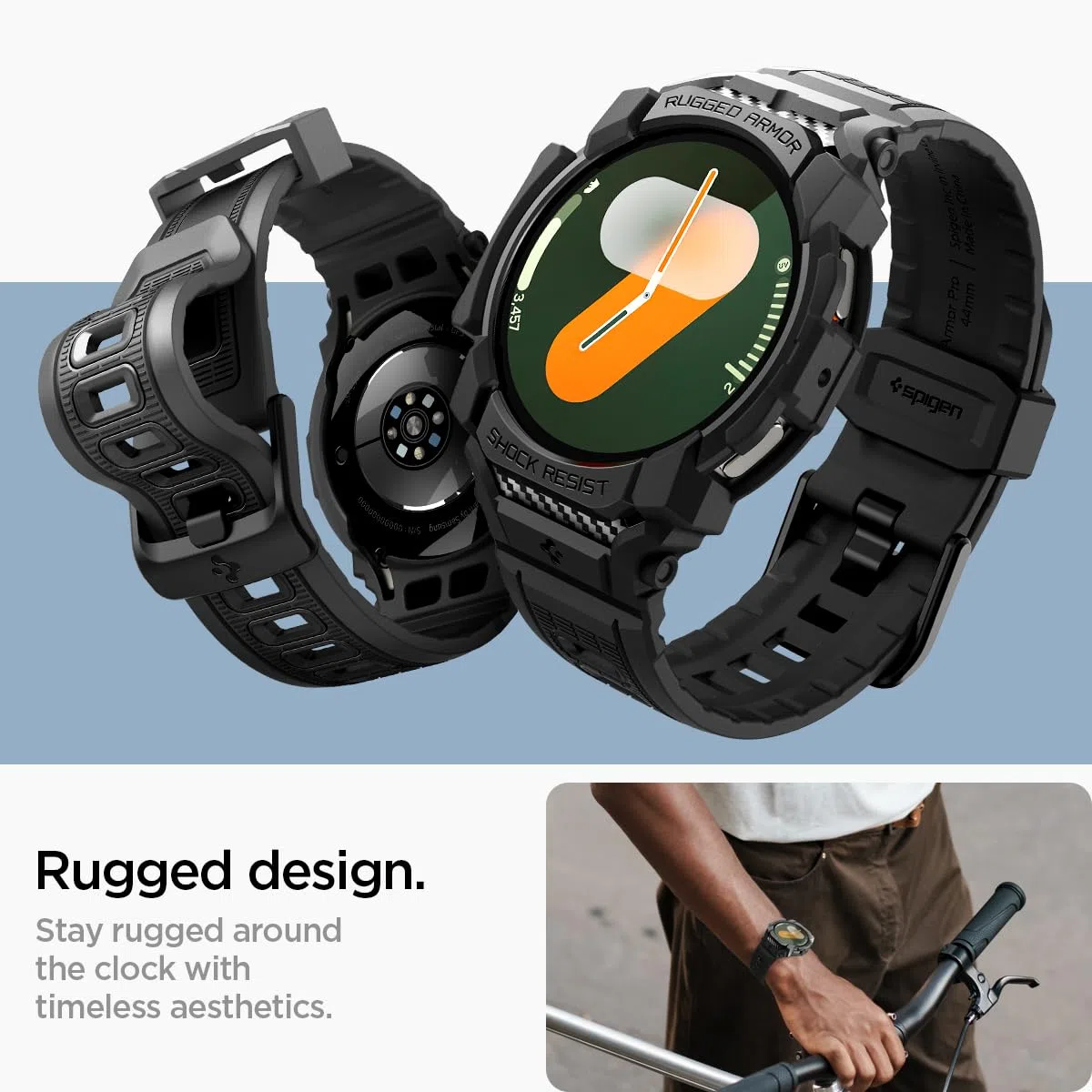 Spigen Rugged Armor Pro Hülle mit Armband Kompatibel mit Samsung Galaxy Watch 7 44mm (2024) - Matt Schwarz