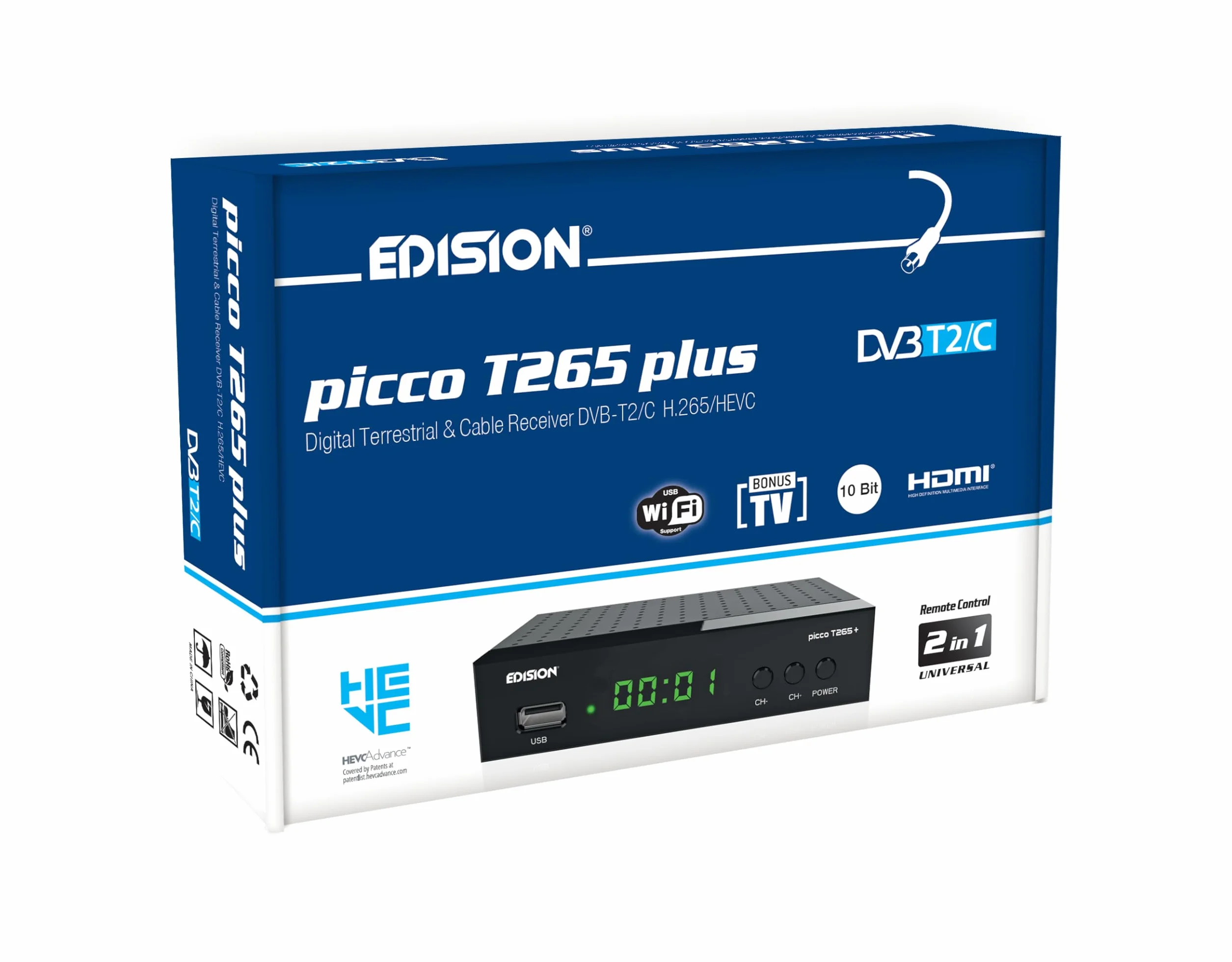 EDISION Picco T265 Plus Terrestrischer DVB-T2 & Kabel-Receiver DVB-C H.265 HEVC FTA Full HD PVR, USB, HDMI, SCART, S/PDIF, IR, USB WiFi Support, Universal 2in1 Fernbedieung