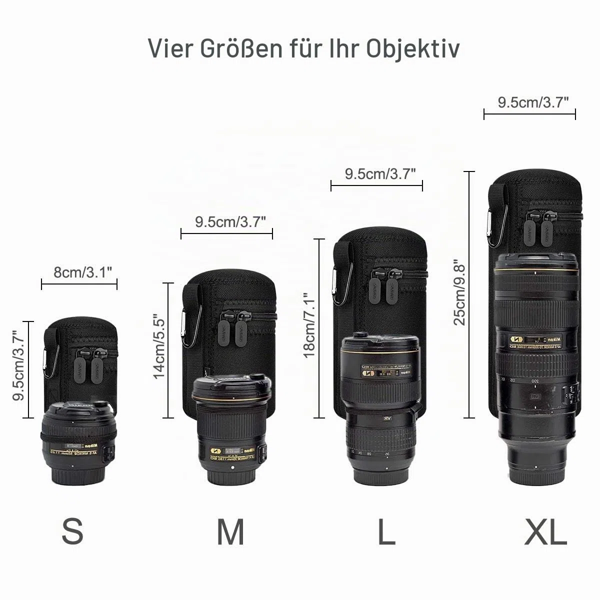 Arvok Objektivtasche, 4 Größen Neopren Objektivbeutel, wasserdichte Schutzbeutel für Kamera Objektiv, 5mm Dicke Wasserabweisend und Stoßdämpfend für DSLR-Kameraobjektiv, Schwarz & Grau
