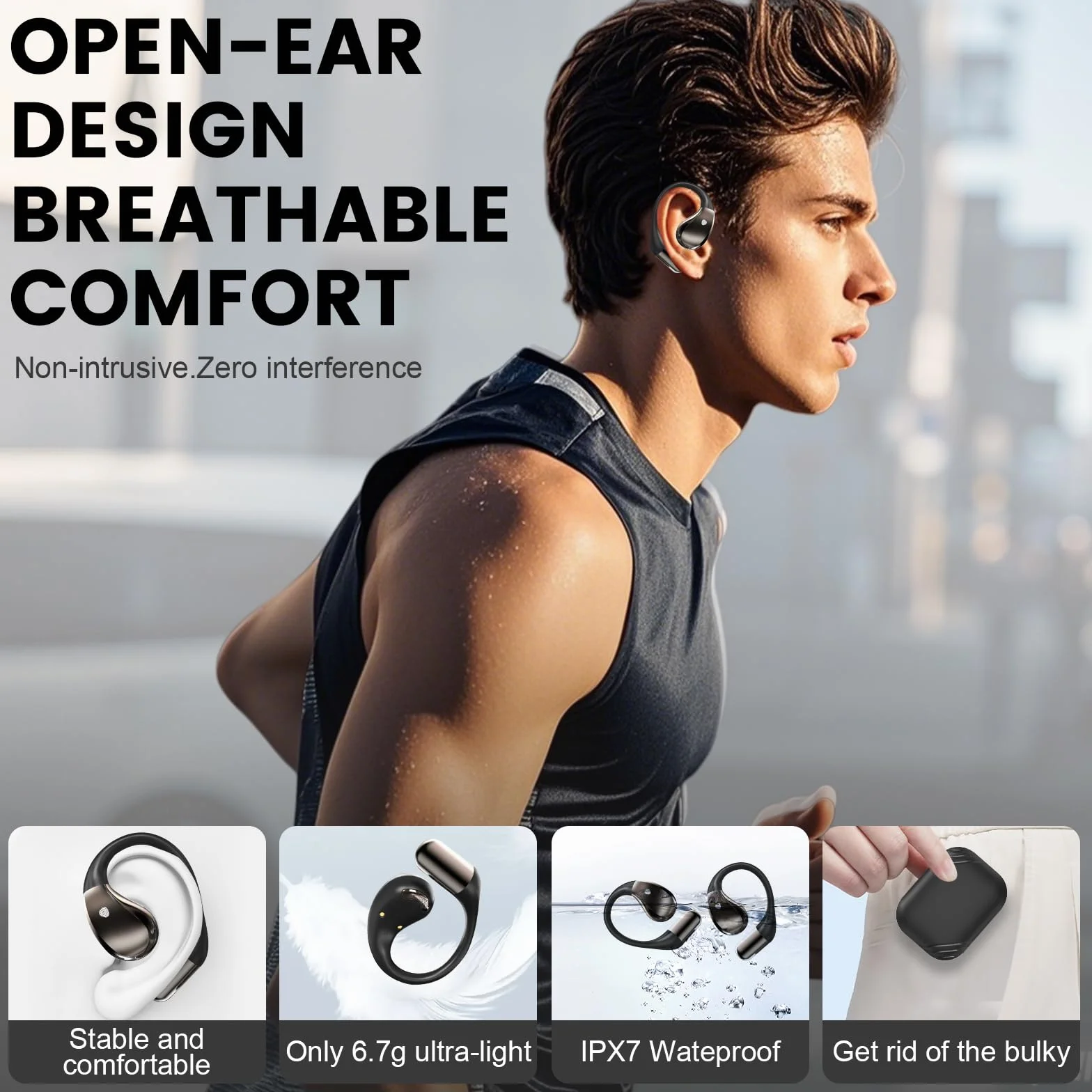 Open Ear Kopfhörer Bluetooth 6.0 mit HD Mic, 2025 Kopfhörer Kabellos Bluetooth HiFi Stereo mit Ohrhaken, 40H Spielzeit, Bluetooth Kopfhörer mit LED-Anzeige, IP7 Wasserdicht Ohrhörer für Sport, Schwarz
