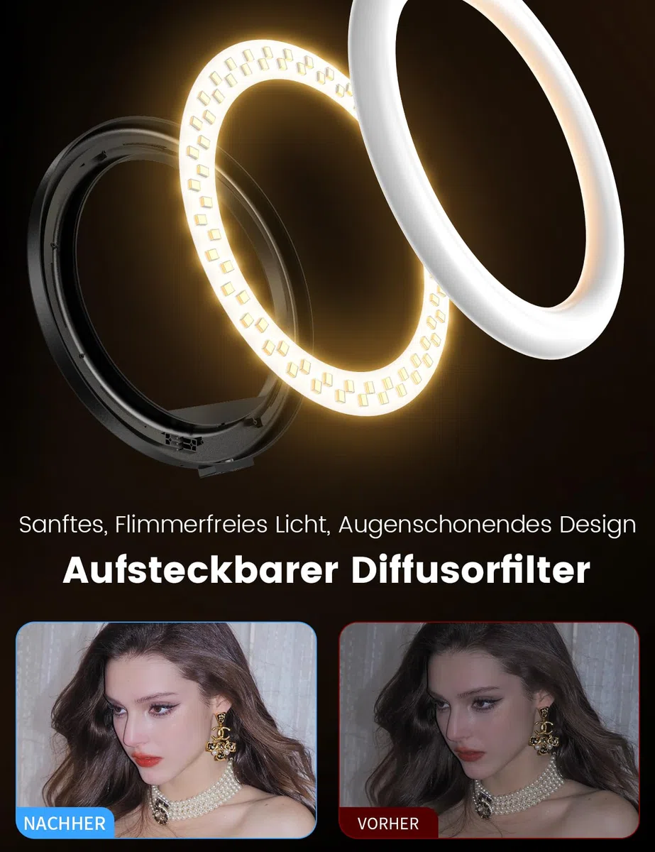 10,2" Dimmbares Ringlicht mit 75 Zoll hohem Aluminium-Stativ, Flimmerfreies LED-Make-up-Licht/Cold-Shoe-Schnellmontagehalterung, Ringlicht für Handy, TikTok/Live-Stream, Videoaufnahmen