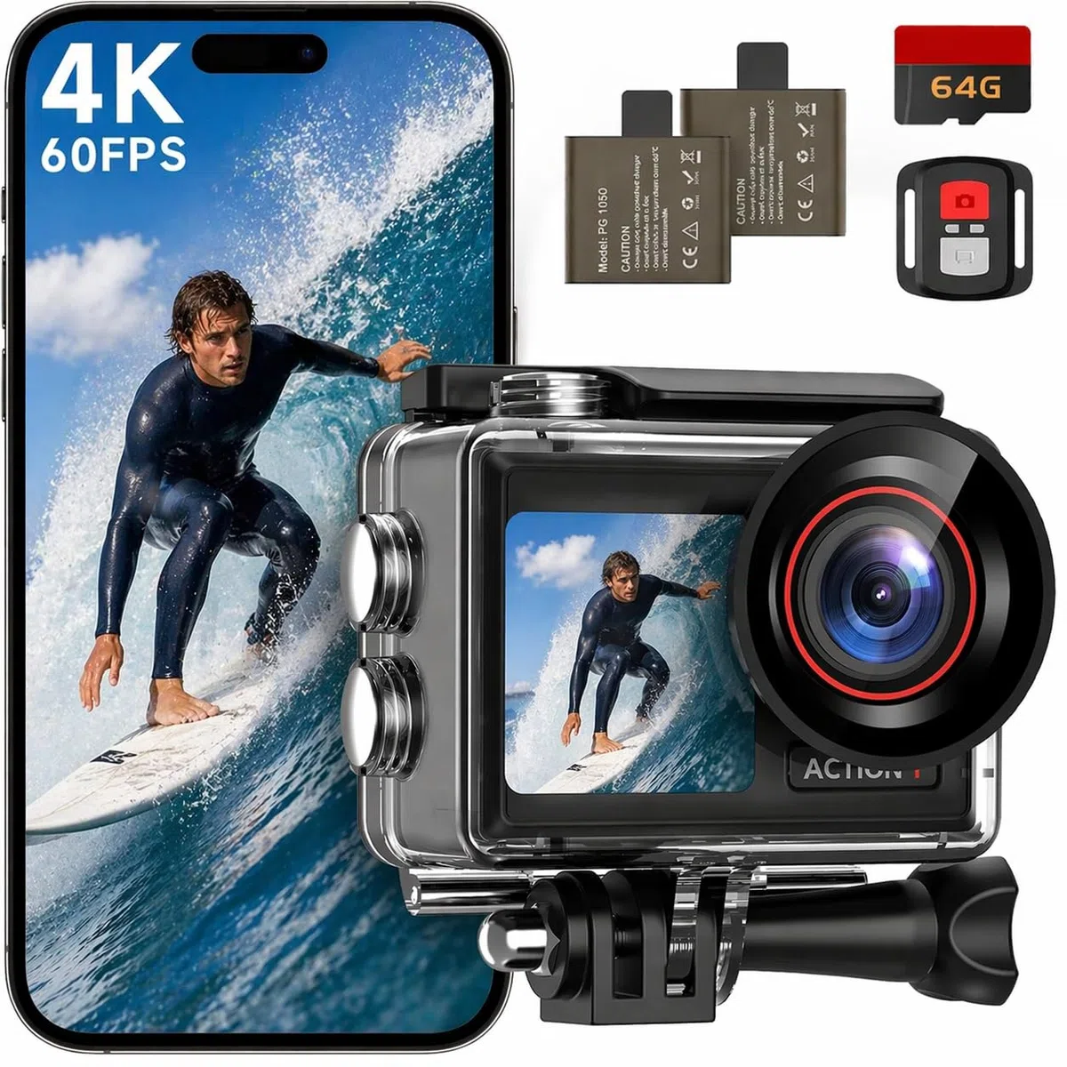 Action Cam 4K 60FPS 40M Unterwasserkamera 30MP HD Wasserdicht EIS Touchscreen 64GB Karte 2.4G Fernbedienung
