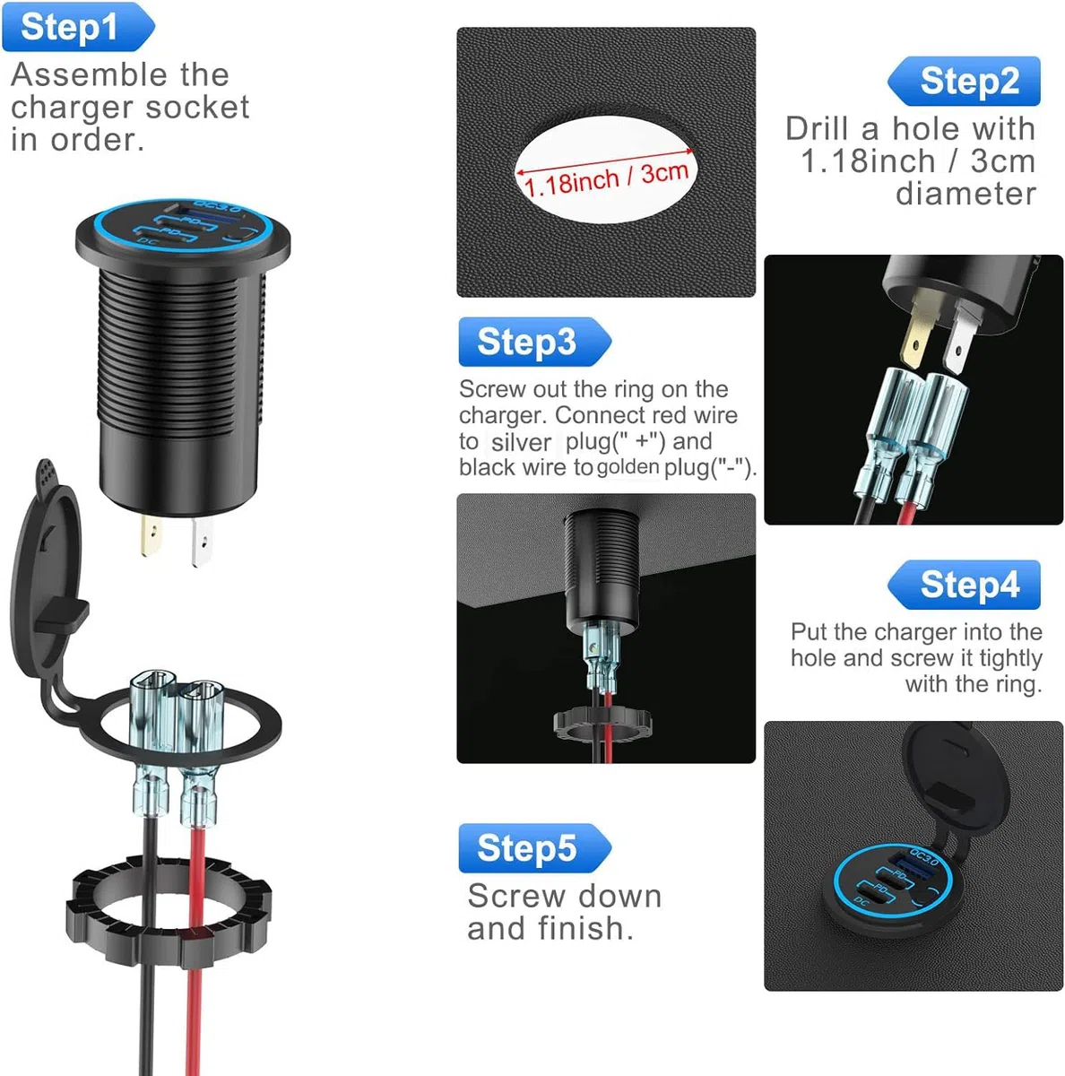 12V USB Steckdose USB-Ladegerät Mehrere Anschlüsse, Dual PD3.0 USB-C und Quick Charge 3.0 Auto-Anschlussbuchse mit Netzschalter, Schnell-Ladegerät für Handy und Tablet, Geeignet für Auto Boot