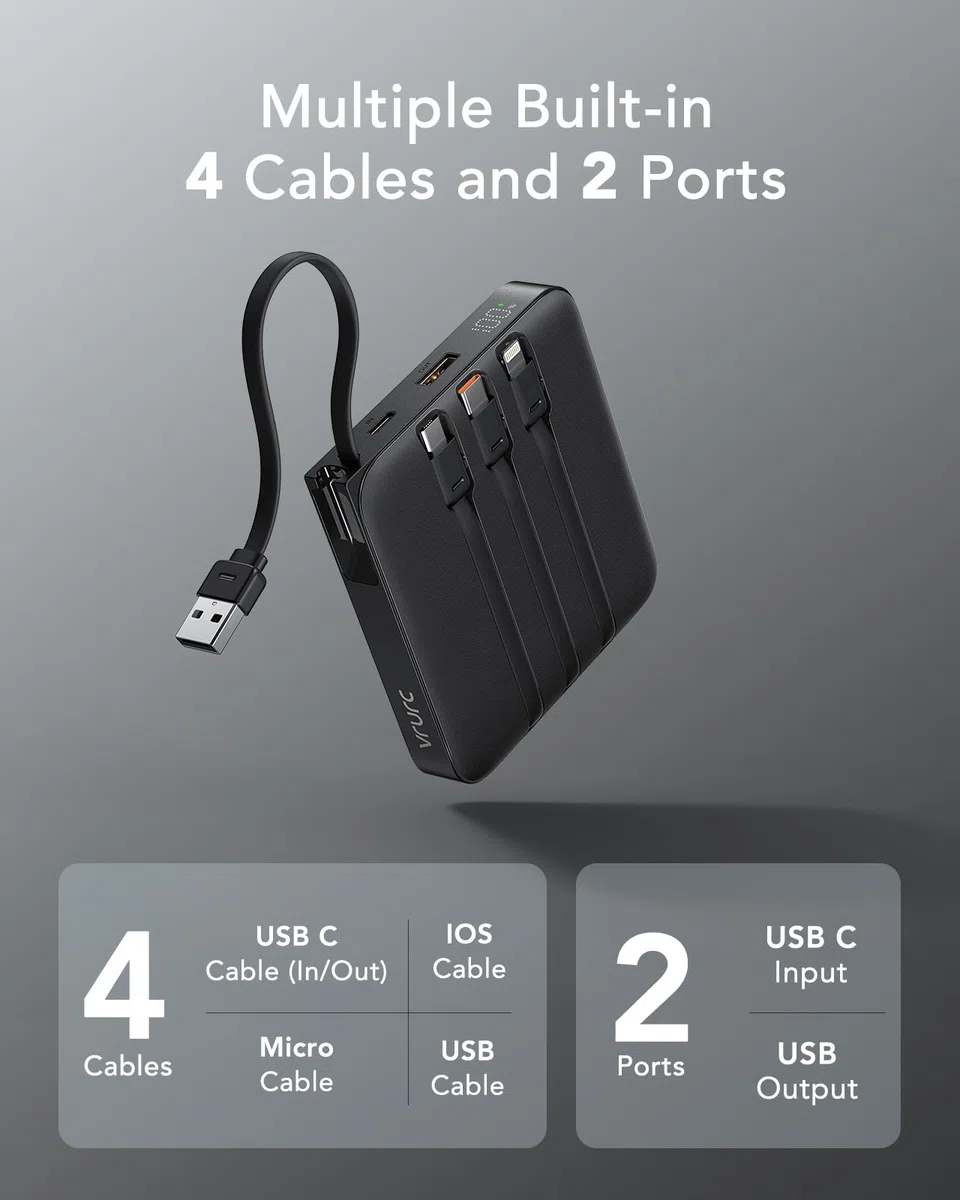VRURC Powerbank 20000mAh Power Bank mit Kabel Klein USB C 22.5W QC3.0 Schnelles Aufladen Tragbares Ladegerät Externe Handyakkus Klein Aber Stark mit LED-Anzeige für iPhone Huawei Smartphones (schwarz)