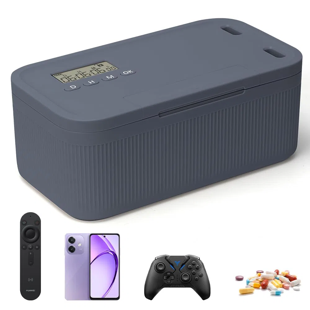 Zeitschloss Box, Handy Safe mit Zeitschloss, Timed Lock Box, Handy Gefängnis mit Timer, 23.9x13.1x9.6cm Abschließbare Box für Selbstkontrolle, Suchtmanagement, Sicheren Aufbewahrung(Grau Blau)