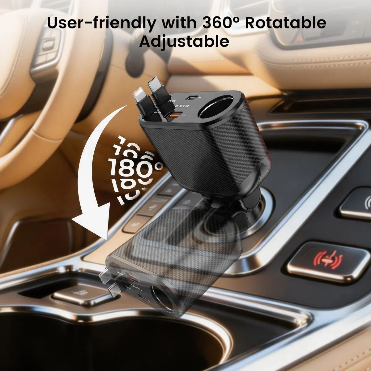 OHLPRO 5 in1 Zigarettenanzünder USB C Einziehbares Auto Ladegerät, Handy Autoladegerät 100W 12V USB Adapter Auto Schnellladegerät KFZ Stecker Splitter Kompatibel mit Handy iPhone iPad Samsung, Schwarz