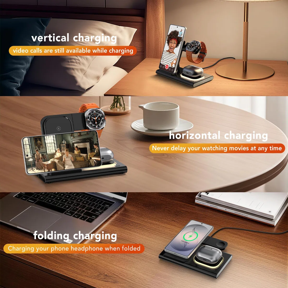3 in 1 Ladestation für Samsung[Faltbar & Nachtlicht], Induktive Ladestation für Samsung S26/S25/S24/S23/ZFlip/Fold, Wireless Charger für Samsung Galaxy Watch Ultra/8/7/6/5/4/Galaxy Buds