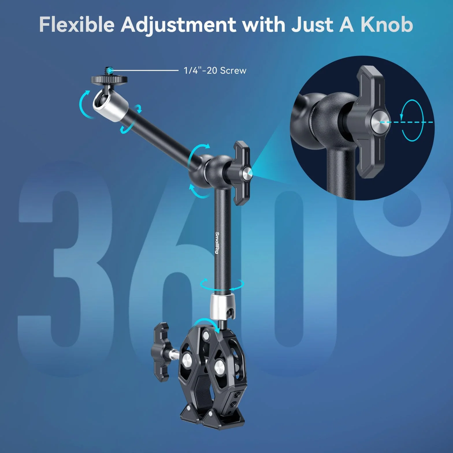 SMALLRIG Magic Arm Super Clamp, Kamerahalterung mit Superklemme, mit 1/4"-20 Schraube & Gewindebohrung für Kamera Licht Monitor Webcam Action Kamera für GoPro für Insta360, Traglast von 1,5 kg - 4454