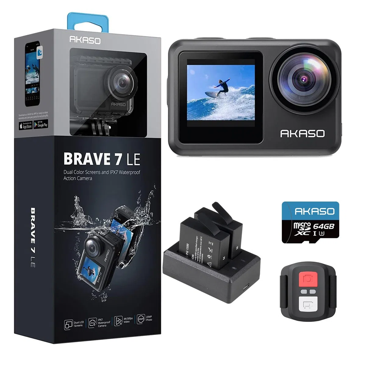 AKASO Brave 7 LE Action Cam 4K 20MP IPX7 Wasserdicht EIS 2.0 Dual Screen 40m WiFi