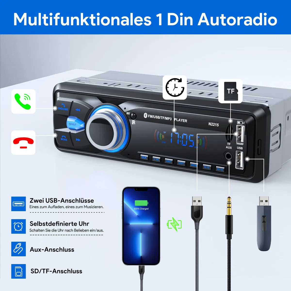 Autoradio Bluetooth,CENXINY Auto Radio Bluetooth 1Din Autoradio FM 2USB/AUX/SD Karte/MP3-Player Fernbedienung, Unterstützung für iOS/Android