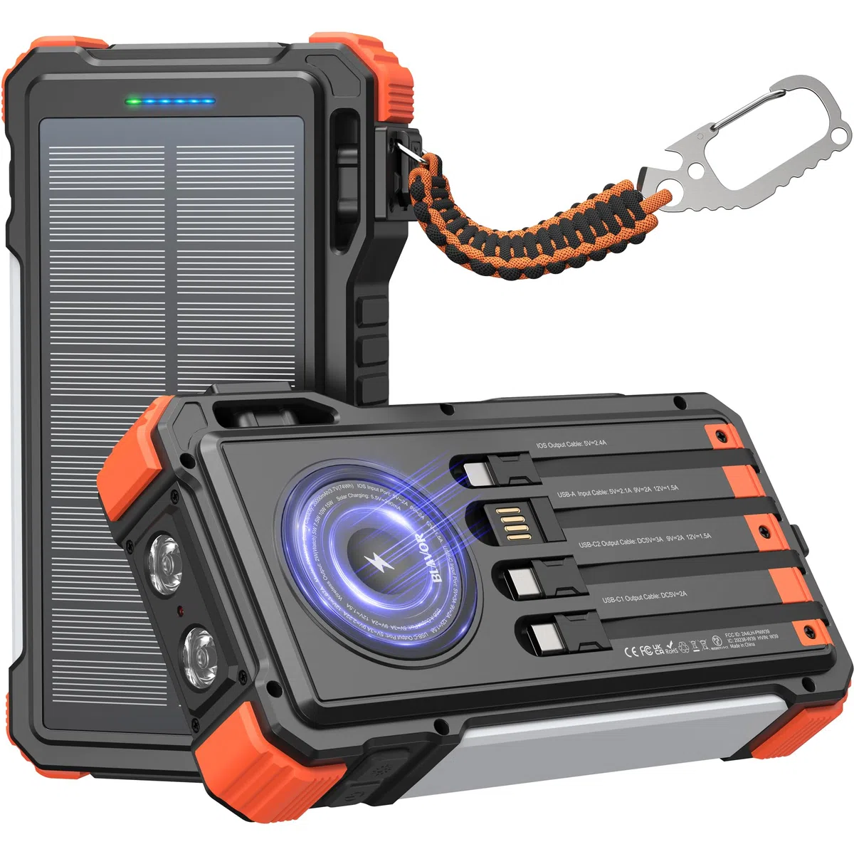 BLAVOR Solar Power Bank 20000mAh mit Kable, 20W Schnellladung Solar Ladegerät USB C Externer Akku Portable Charger mit Taschenlampen und Karabiner für alle Handy, Wireless Ladegerät für Apple Watch