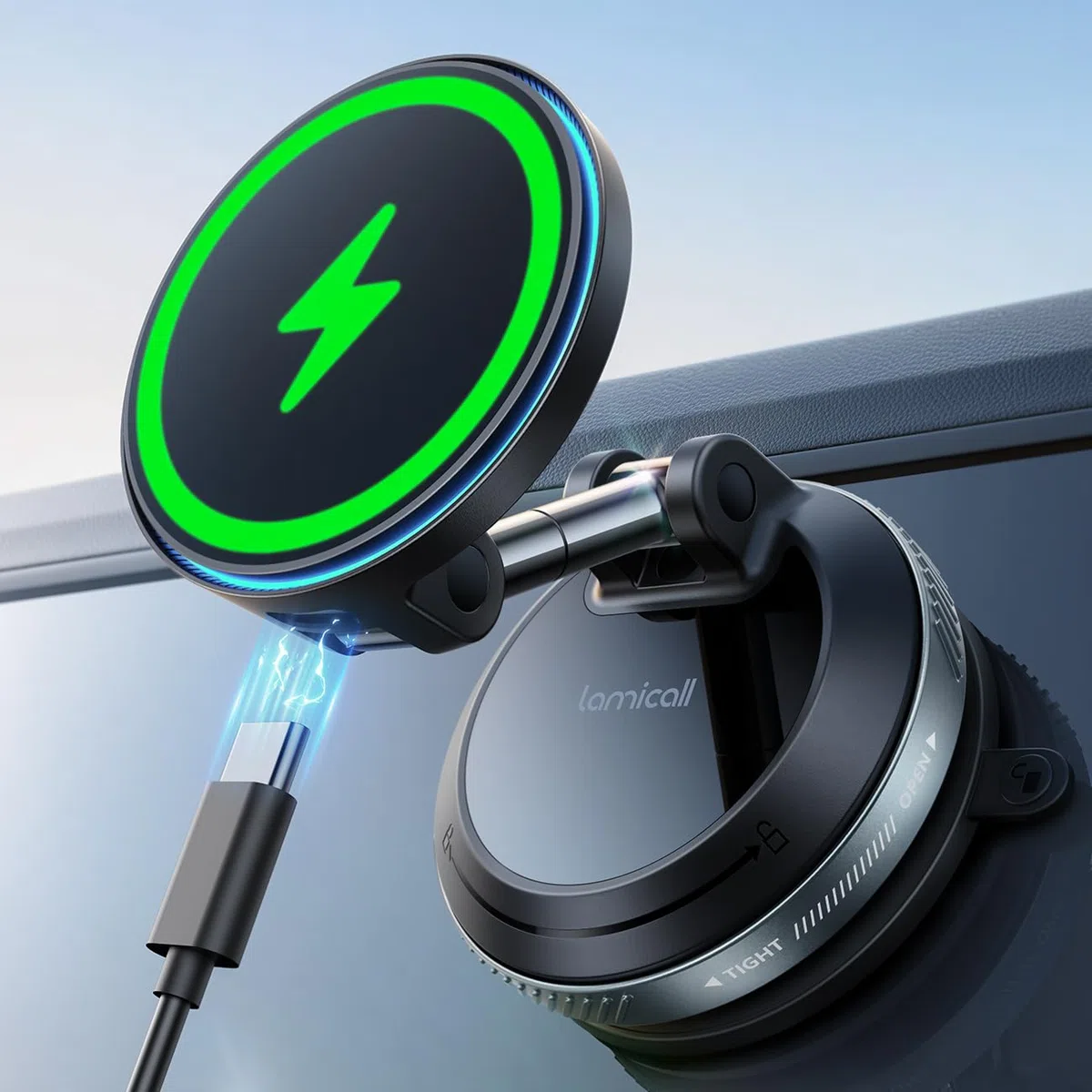 Lamicall 15W für MagSafe Autohalterung mit Ladefunktion - [TOP Vakuum] Magnetische Handyhalterung Auto Saugnapf für Armaturenbrett & Windschutzscheibe, Magnet Handy Halterung Auto Ladegrät für iPhone