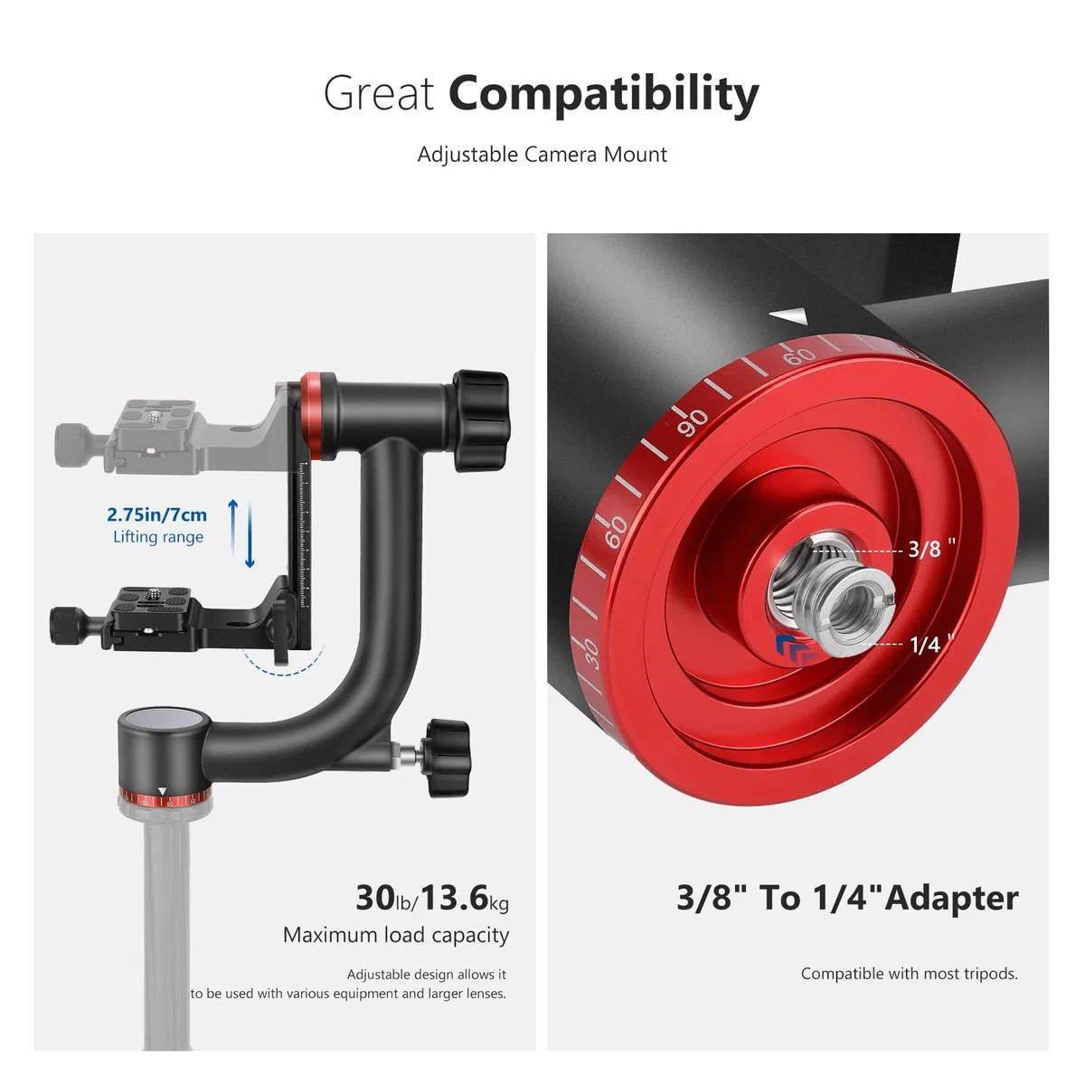 NEEWER Gimbal Stativkopf Professionelle Hochleistungs Aluminiumlegierung mit Arca Schnellwechselplatte, GM101 unterstützt reibungslosere 360 Grad Panoramaaufnahmen für DSLR Kameras bis zu 13,6kg