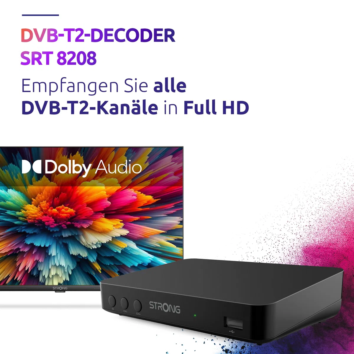 STRONG SRT8208 DVB-T2 DVB-T2 - Unterstützt HEVC265 - TV-Receiver/Tuner mit Recorder Funktion (HDMI, Scart, USB, Dolby Digital Plus) - Schwarz