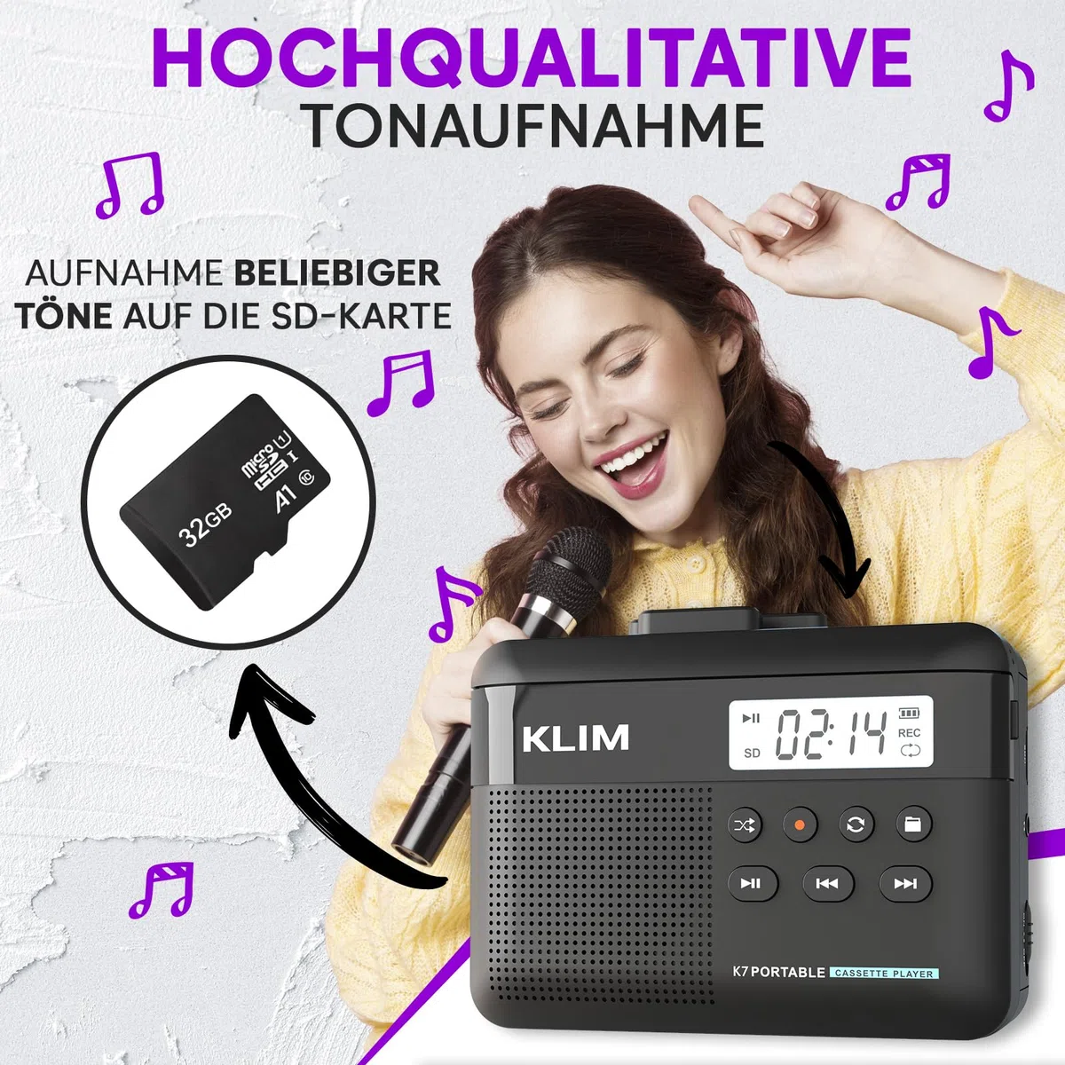 KLIM K7 Kassettenspieler, Kassettenrecorder & MP3 Konverter, Tragbare Kassettenspieler mit integriertem Mikrofon & Lautsprecher, Wiederaufladbar über USB – Inkl. Ohrhörer – 32 GB SD-Karte - Schwarz