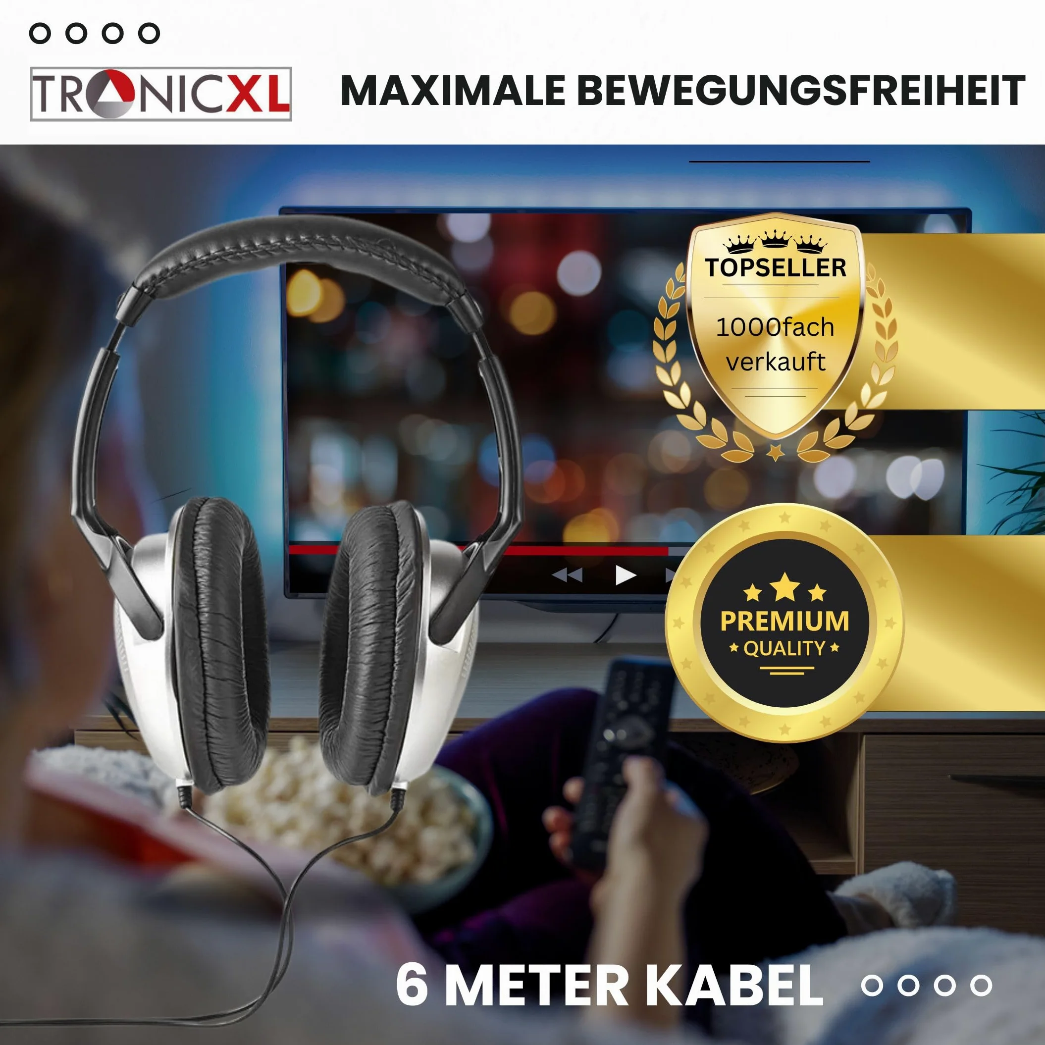 TronicXL Fernsehkopfhörer Kopfbügel Kopfhörer I 6m langes Kabel I Stereo TV Fernseh Headphones Fernseher PC HiFi I Bügel Kopfhörer 3,5mm Klinke 6,35mm Klinkenstecker I kabelgebunden Kabel lang