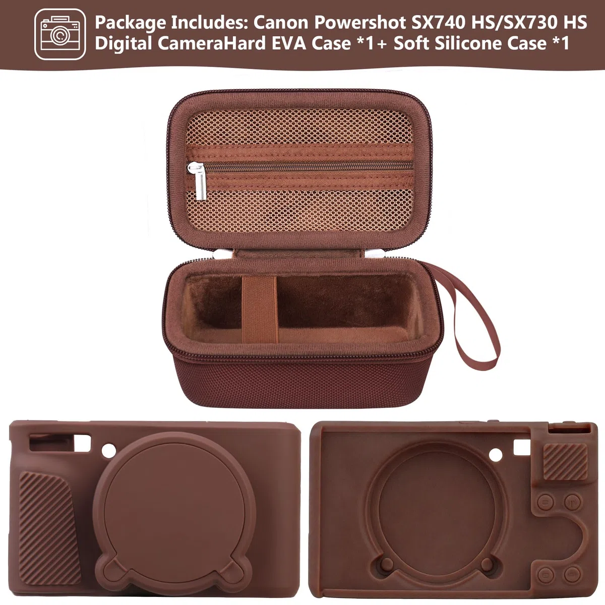 SX740 HS Kamera Fall Bundle, Schließen Sie Harte Tragetasche*1 + Silikon Kamera Case*1 EIN, Kompatibel mit Canon PowerShot SX740/SX730 HS Digitalkamera, Hüllen mit weichem Silikonhülle, Braun