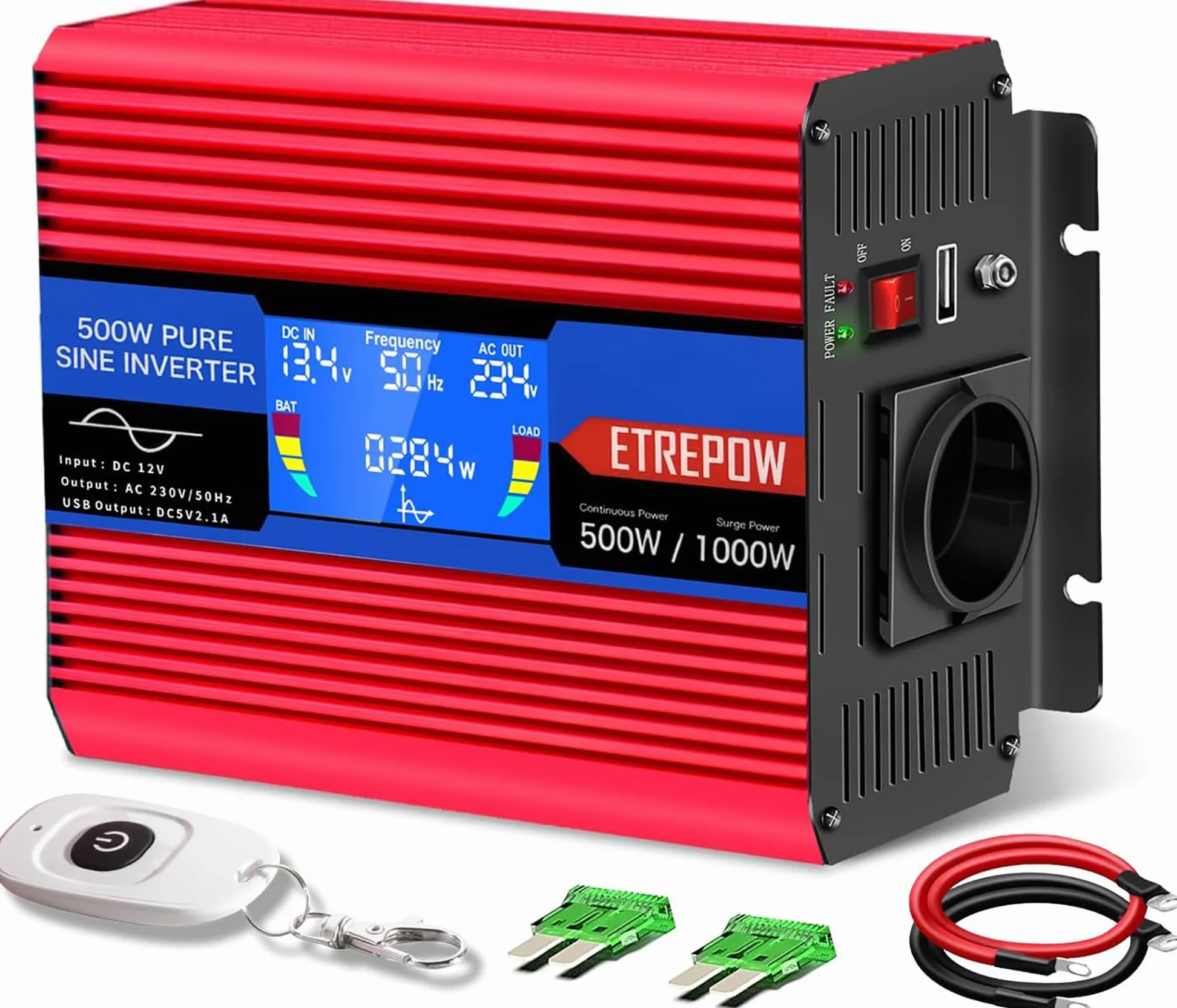 500w Wechselrichter 12v auf 230v Reiner Sinus Spannungswandler mit 2 USB,Drahtlose Fernsteuerung,LCD Bildschirm -Spitzenleistung 1000w Kfz Inverter