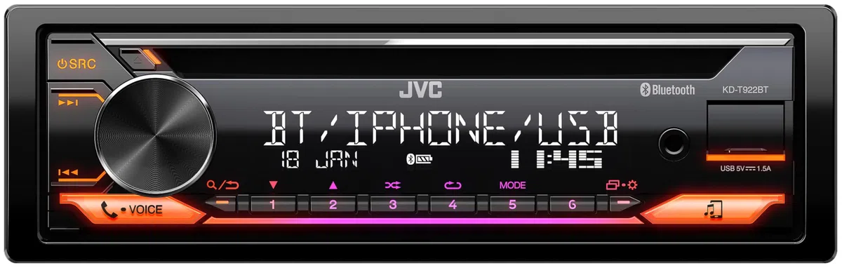 JVC KD-T922BT CD-Receiver, 1-DIN, mit Blutooth, Spotify, USB, AUX, Variable Farbbeleuchtung