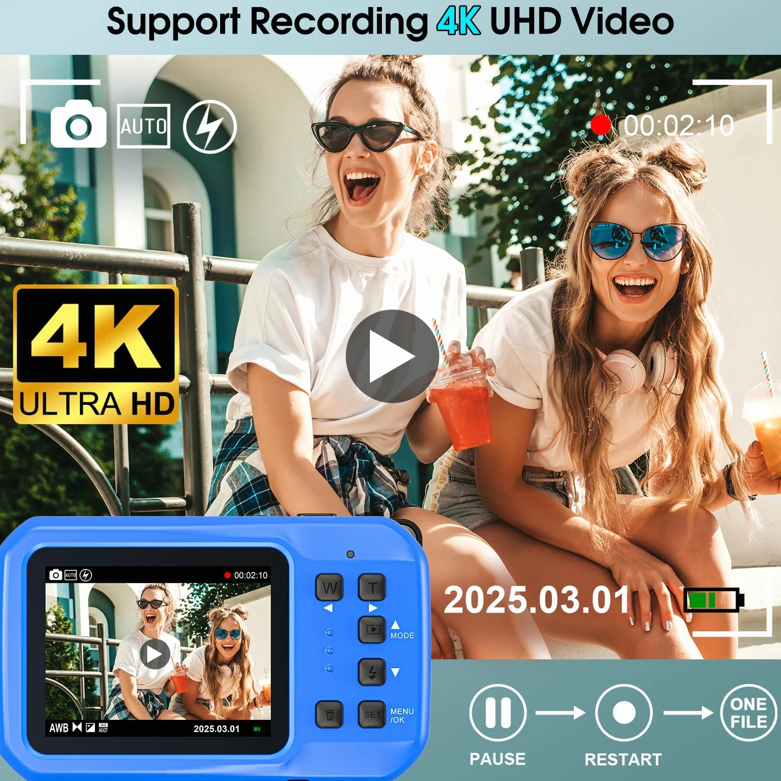 Unterwasserkamera 4K UHD, 64MP Autofocus Digitalkamera wasserdichte mit 32GB Karte, IP68 & 16FT Unterwasserkamera mit IPS HD Bildschirme, 16X schwimmfähig Digitalzoom, Aufhelllicht, zum Schnorcheln