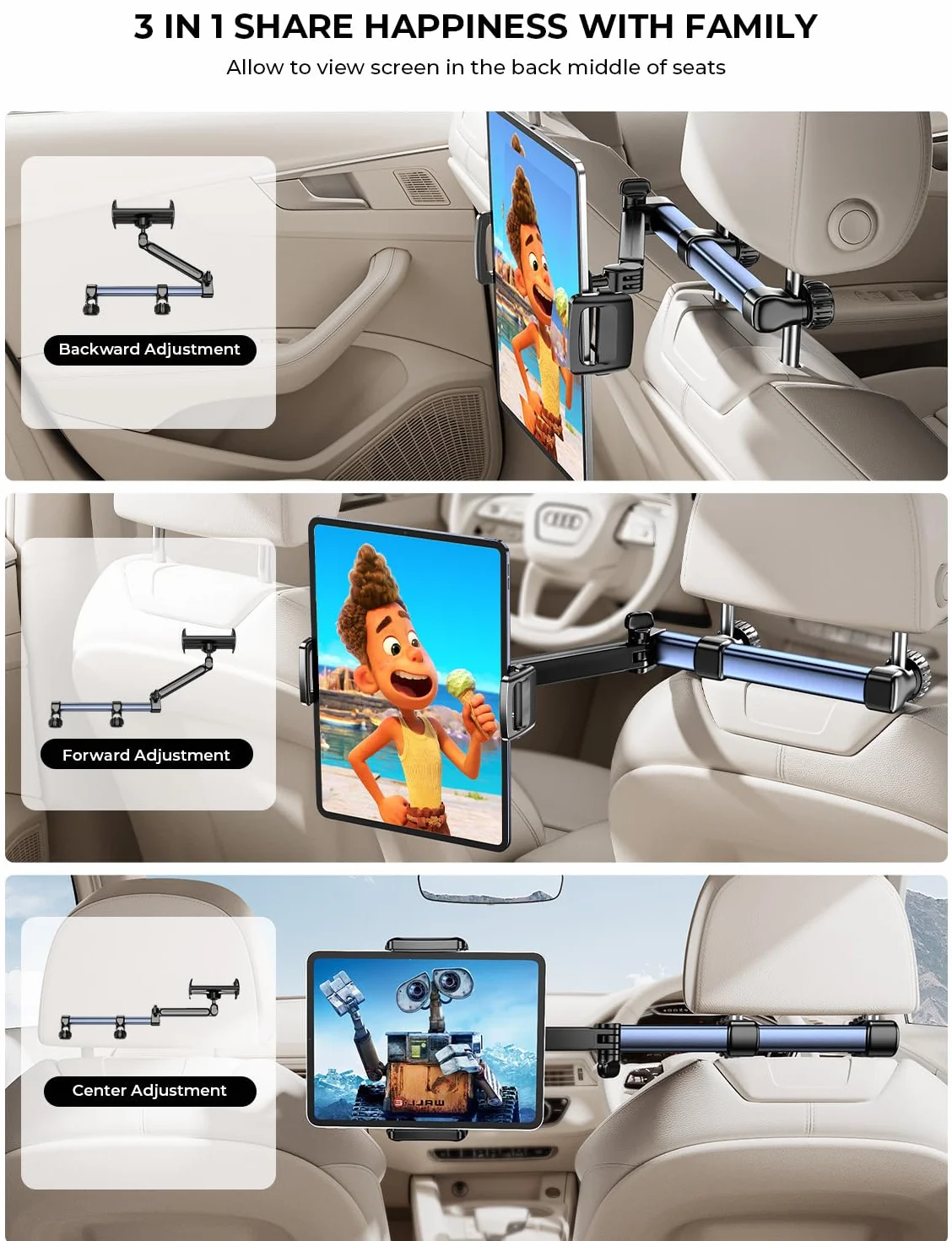 TRYONE Tablet Halterung Auto Kopfstütze - [46cm Langarm] [3 in 1 Ausziehbare] KFZ Tablethalterungen Reise Zubehör für Kinder, Autohalterung für iPad für Sumsung Tab/Switch/Handys & 4,7-13 Zoll Geräte