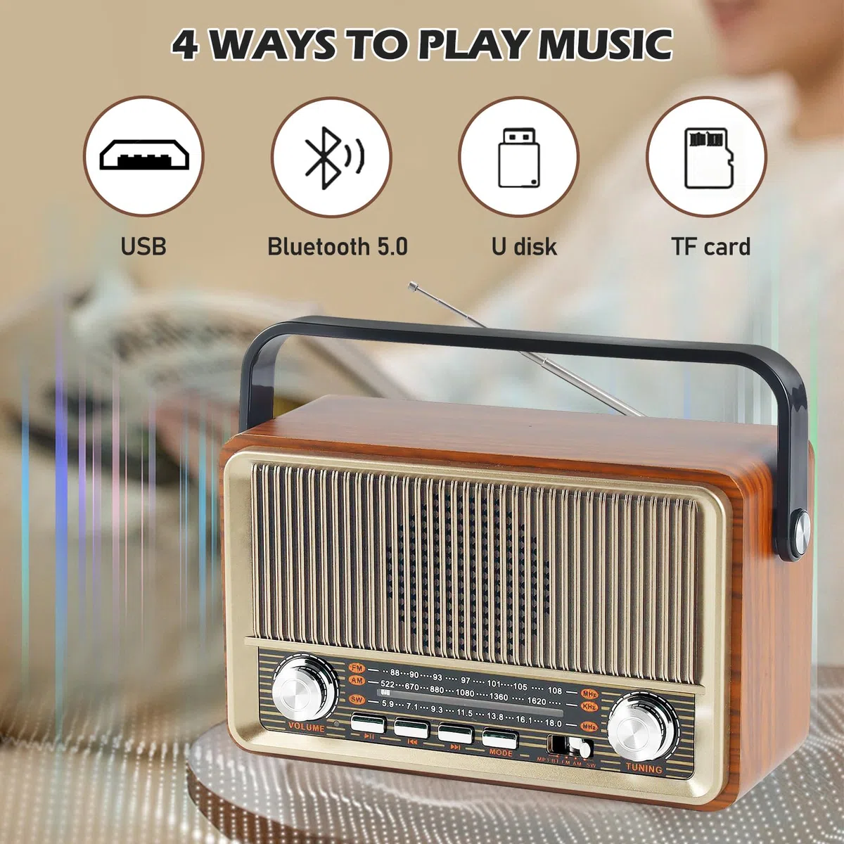 Retro Radio mit Bluetooth, Nostalgie Kofferradio Klein mit AM/FM/SW3, USB/TF/AUX, Wiederaufladbar, Küchenradio, Vintage Radio für Küche, Büro, Outdoor
