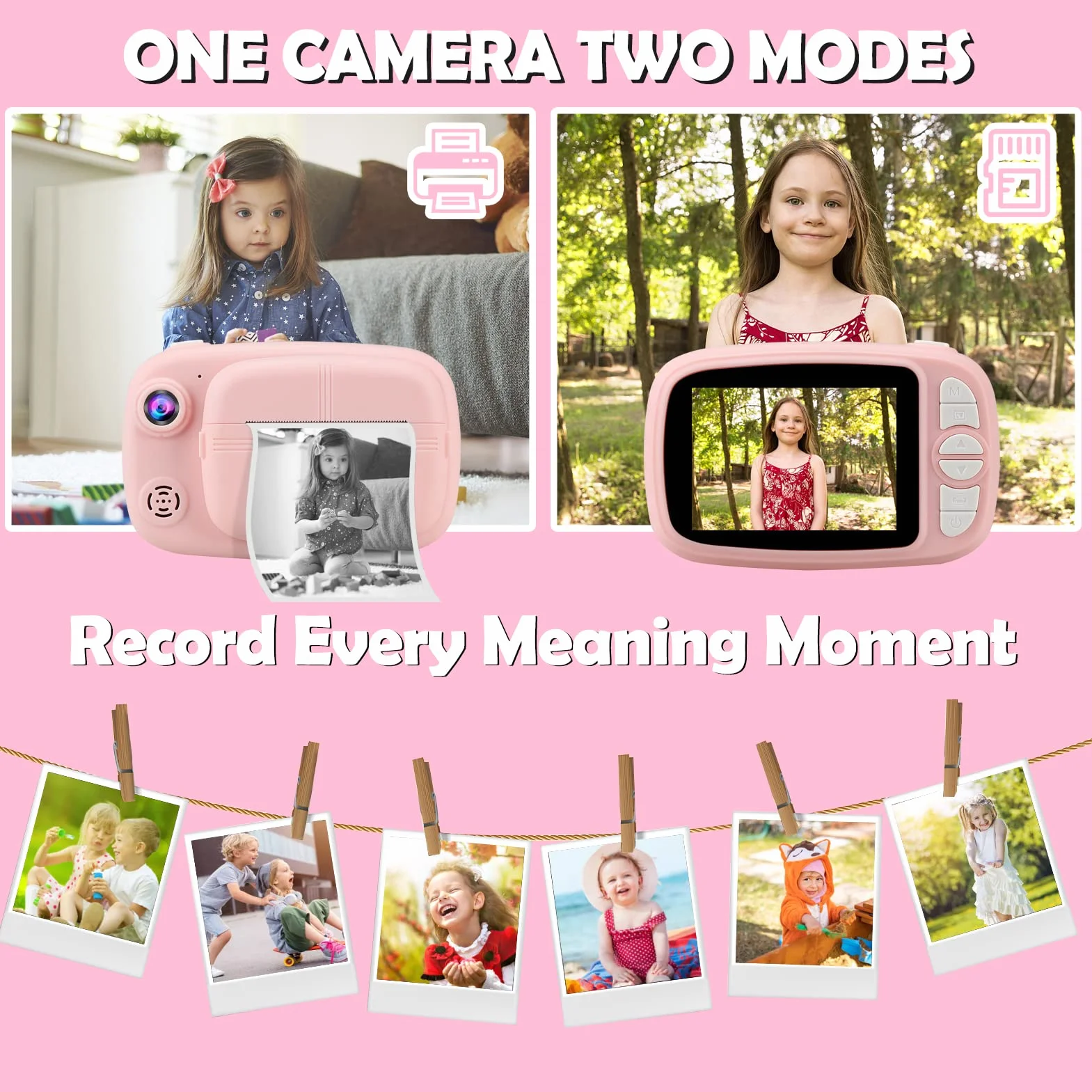 Sofortbildkamera Kinder, Instant Digitalkamera 3.5" 1080P Zero-Ink Sofortbildkameras Kamera mit 4 Rollen Druckpapier, 32GB TF-Karte Digital Kinderkamera Geschenke Junge für 3-14 (Rosa)