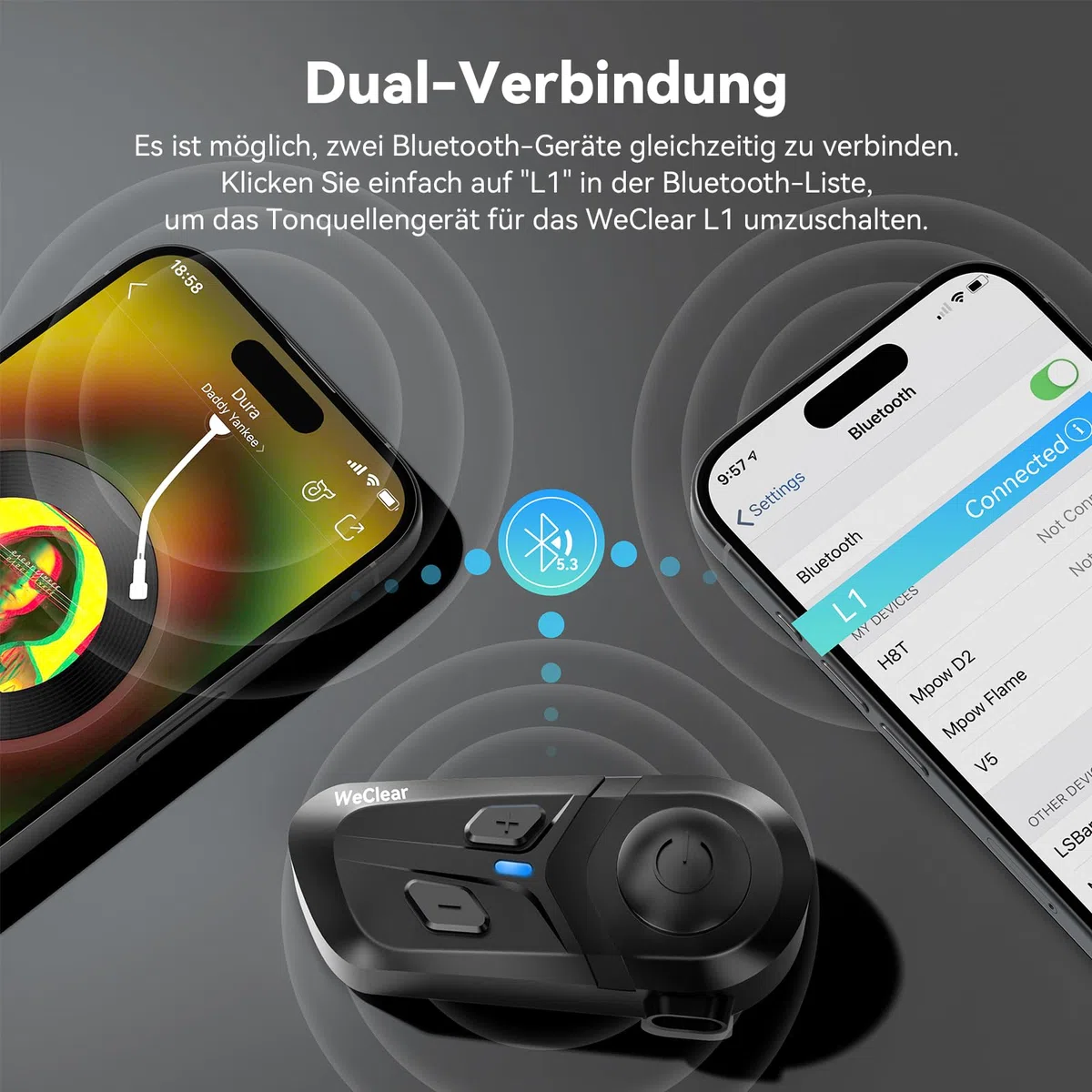 L1 Motorradhelm Headset, Helm Bluetooth Kopfhörer mit Sprachassistent, Geräuschunterdrückung Bluetooth-Headset, 40mm HiFi Lautsprecher, IP67 Wasserdicht