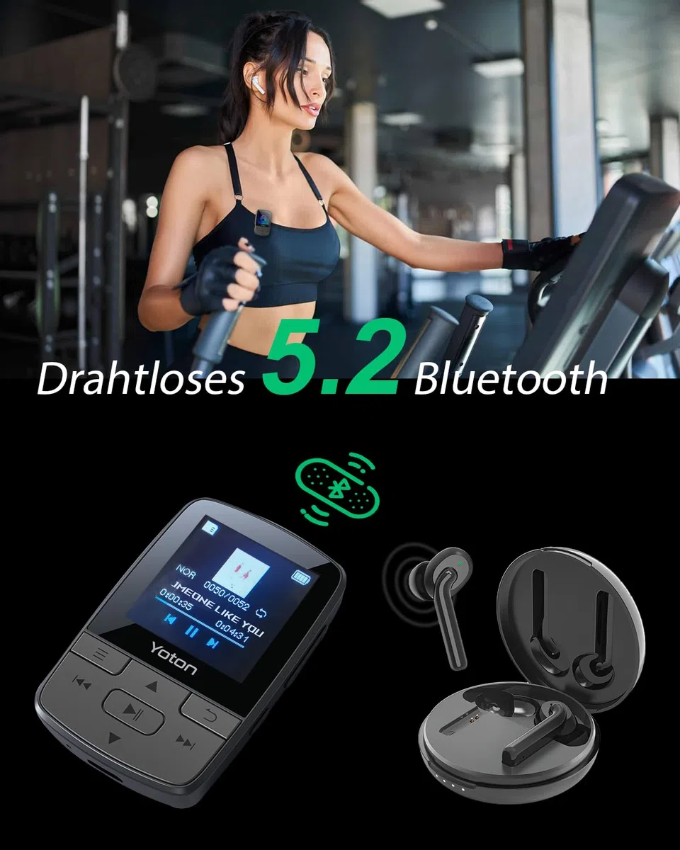 Yoton MP3-Player mit Bluetooth 5.2, HiFi-Klangqualität, FM-Radio, Sprachaufnahme, unabhängiger Lautstärkeregler, inkl. Kopfhörer, erweiterbar auf 128 GB SD-Karte (ohne SD-Karte)