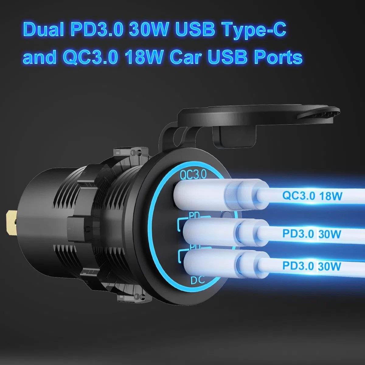 12V USB Steckdose USB-Ladegerät Mehrere Anschlüsse, Dual PD3.0 USB-C und Quick Charge 3.0 Auto-Anschlussbuchse mit Netzschalter, Schnell-Ladegerät für Handy und Tablet, Geeignet für Auto Boot