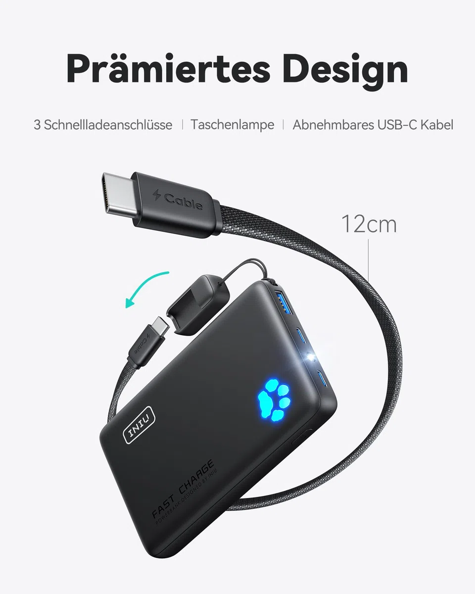 INIU Power Bank, Kleiner 45W Schnellladen 10000mAh Powerbank mit Abnehmbar USB C Kabel, Flugtauglich & Reise-Essential, Externe Handyakkus für iPhone 17 16 15 Pro, Samsung S25, Xiaomi, iPad etc