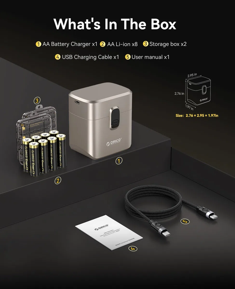 ORICO Ladegerät für AA Lithium Akkus mit 8X 1,5V wiederaufladbare Batterien (2300mWh), 3h Schnellladung, kompatibel mit Controller, Spielzeug, Taschenlampe & mehr, inkl. Boxen