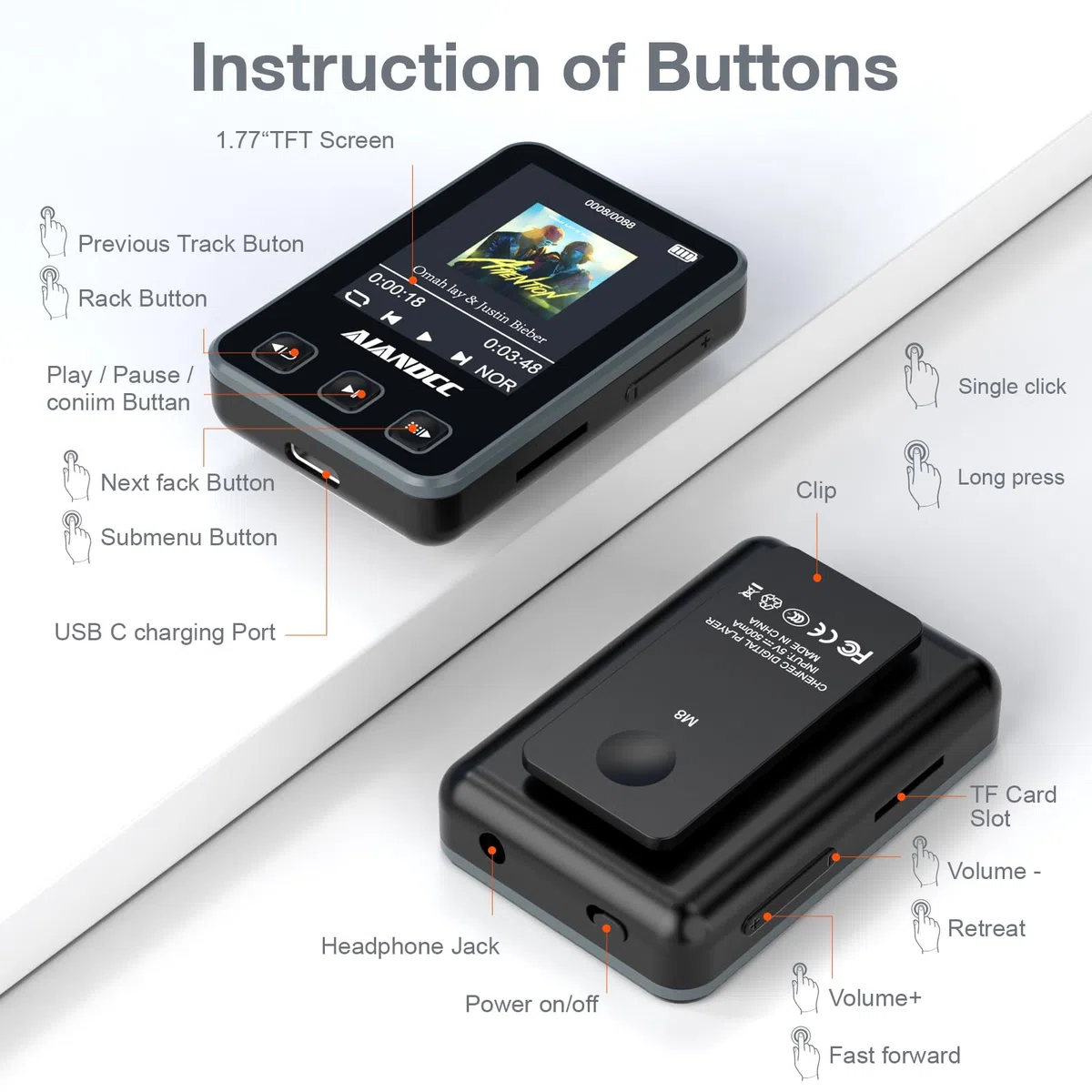 MP3 Player Bluetooth 5.3 mit Sport Clip und Sportarmband, mp3-player mit 1,77 Zoll TFT Farbbildschirm, Mp3 Player mit Kopfhörer, Unterstützt bis 128GB SD Karte, Schwarz