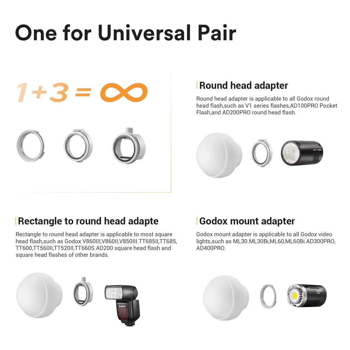 Godox ML-CD15 Diffusor Dome mit 3 Adaptern, Faltbares Silikonmaterial, Blitzlichtdiffusoren, Kompatibel mit Halterung LDE Light ML30 ML60 und Flash Godox V1 V860III V850III TT685II